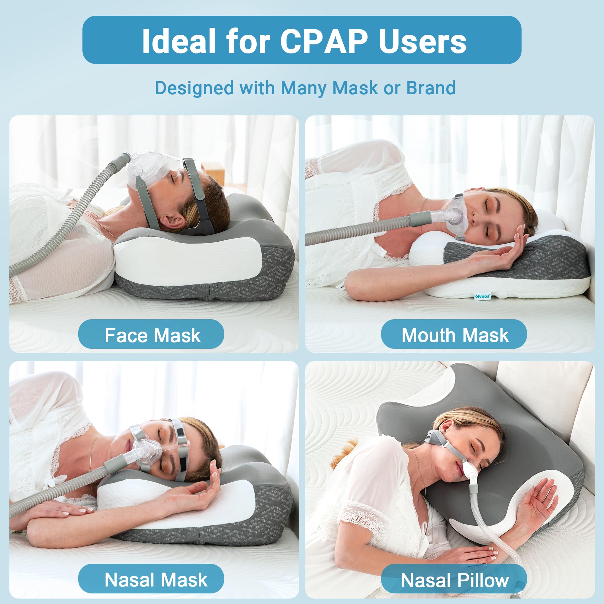 Elviros Oreiller CPAP à Mémoire de Forme Réglable Compatible Masques CPAP | Hauteur et Fermeté Réglables, Réduit Pression Et Fuites D’Air, Dormeurs Côté, Dos et Ventre, Housse Respirante Fraîche