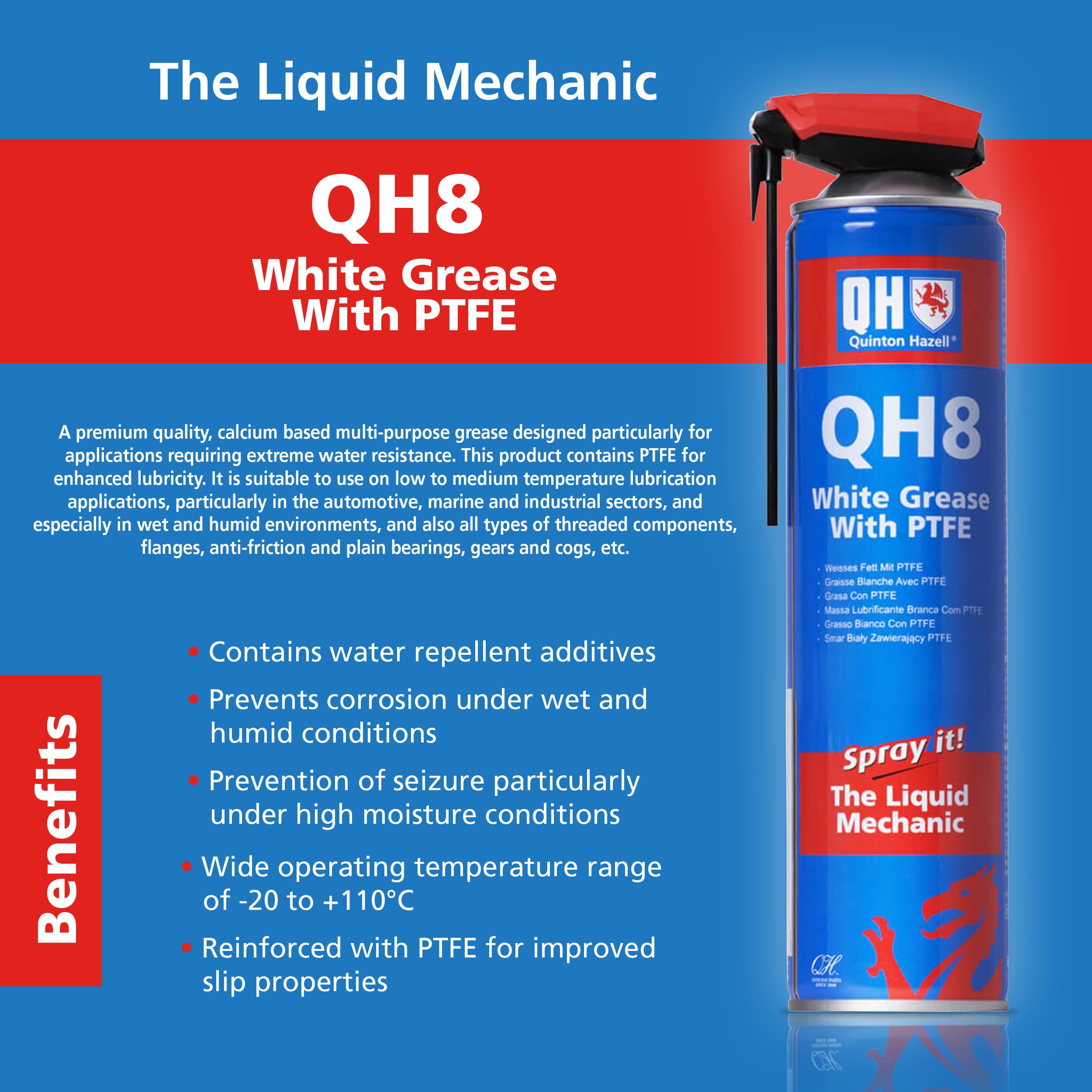 Quinton Hazell QH8 Graisse Blanche PTFE 600 ML – Résiste à l’Eau, -20°C à 110°C, Anti-Corrosion