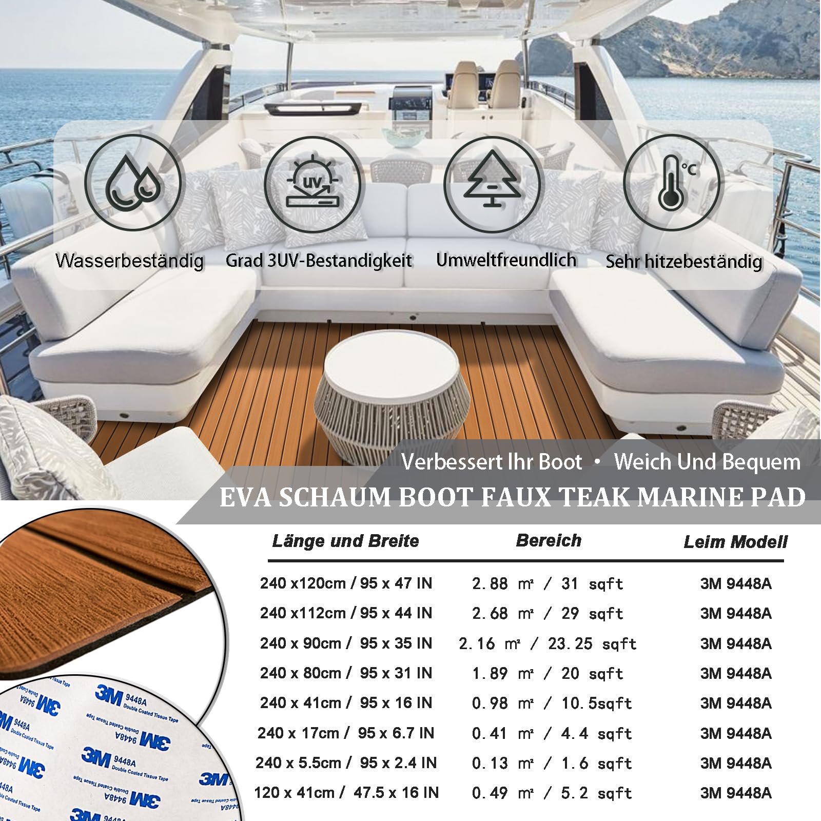 HXBYX Eva Schaum Boot Bodenbelag mit 3M Selbstklebende Unterstützung DIY Boote Decking Marine Blatt Faux Teak Material, rutschfeste Kühler Pads für Kajak Yacht SwimPool RV 240X112cm/240X79cm/240X41cm