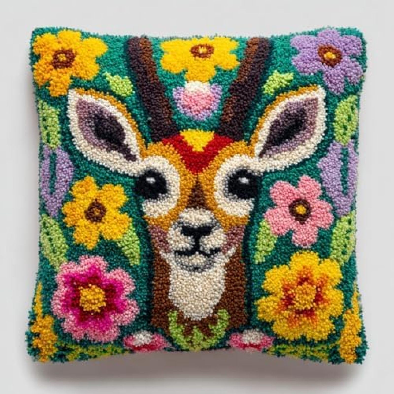 kitphoenix Adults Latch Hook Craft Kit,Antelope Portrait in Flowers,Cushion Cover Making Kit with Yarn and Hook,DIY Embroidery Pillow Cover Set,43x43 cm