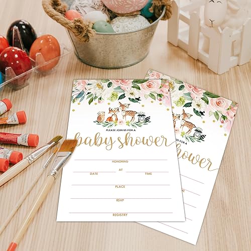 Miniatura 4 de Invitaciones de baby shower, animales de madera florales rellenan tarjetas de invitaciones con sobres, ciervos búho zorro, juego de 25.