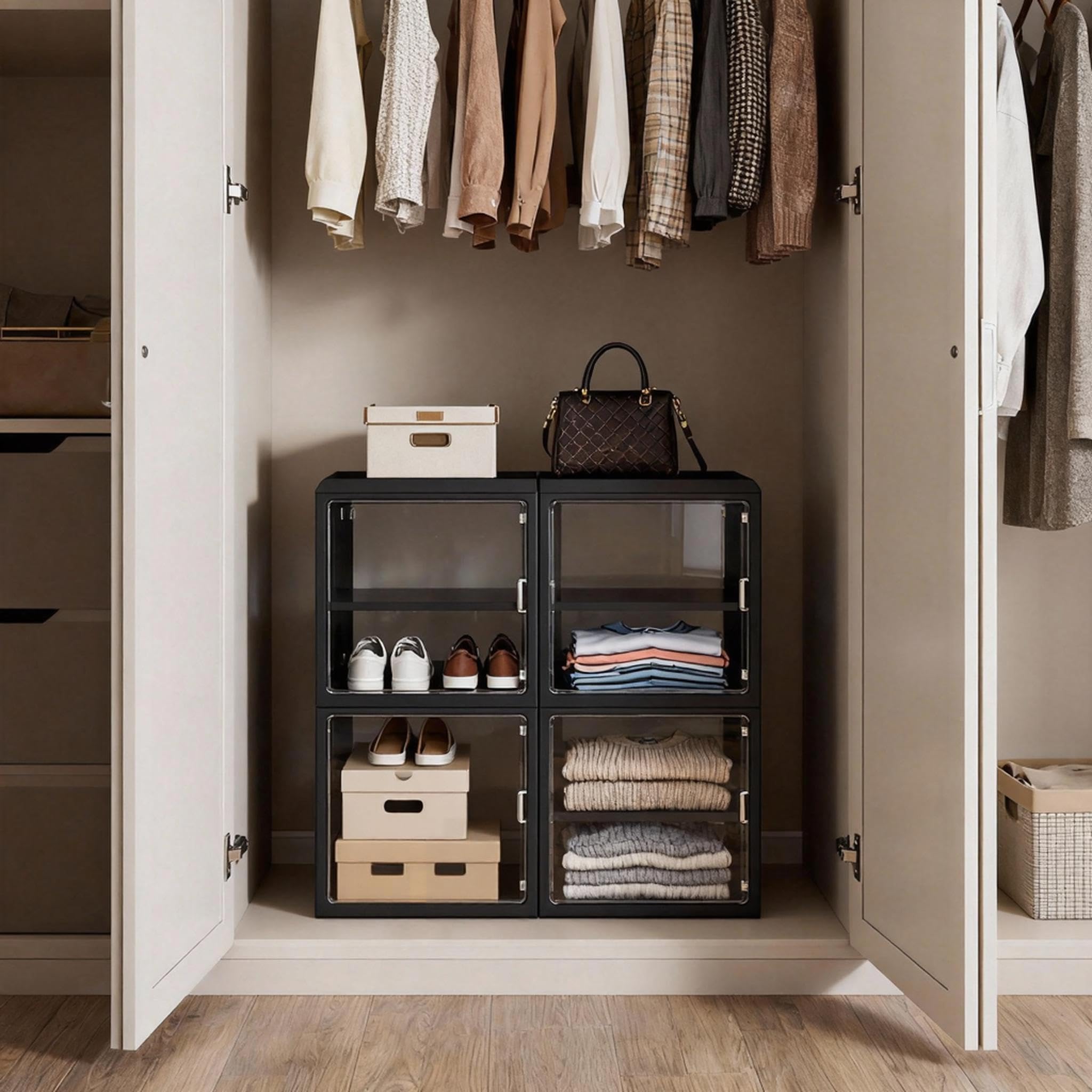 Vitrinas Transparentes, Plegables y apilables con Puertas de Doble Sentido para salón, coleccionables, Figuras, Cajas de Zapatos, Ropa, Bolsos y Documentos (Negro, 2 Niveles - Baldas Grandes)