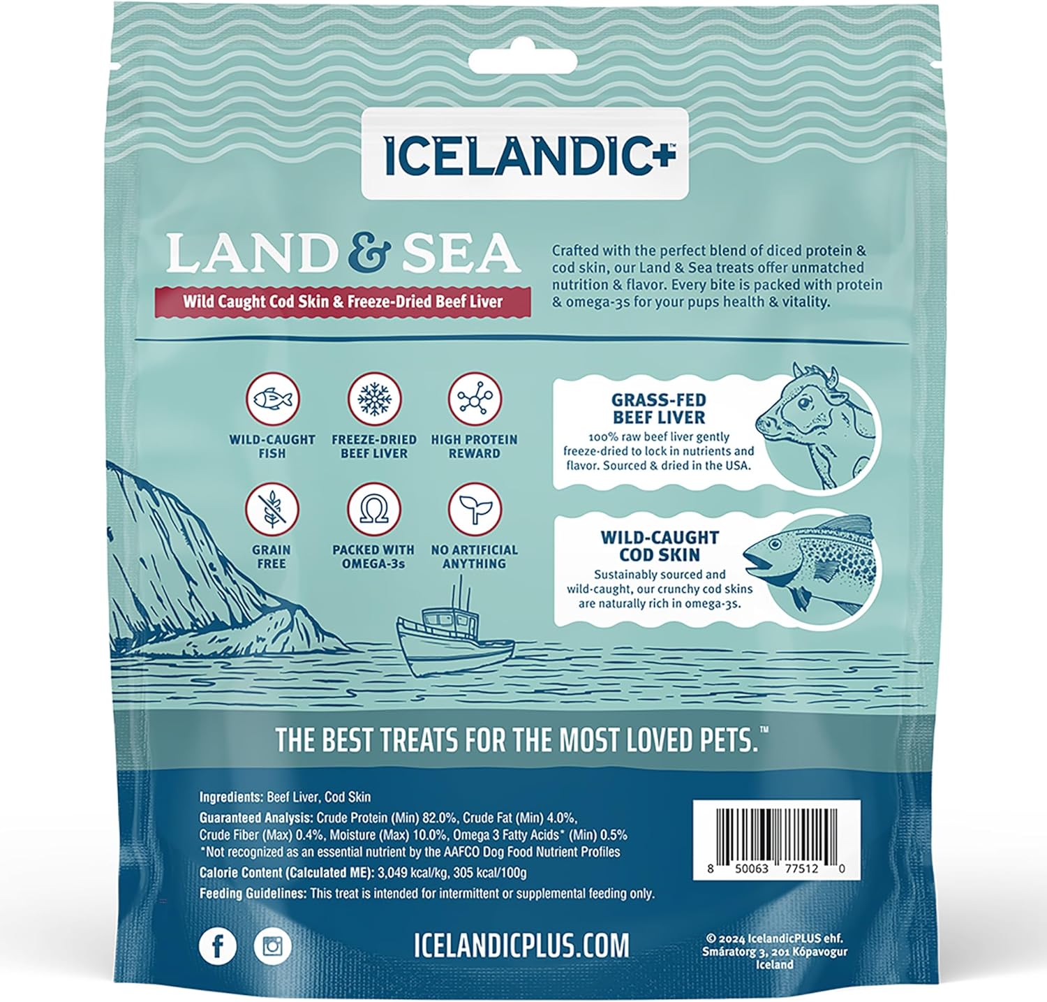 Icelandic+ Land & Sea Wild Caught Cod Skin & Freeze-Dried Beef Liver - 6.75oz Bag, Dog Treat & Food Topper, 2 Ingredients, No Preservatives, Natural