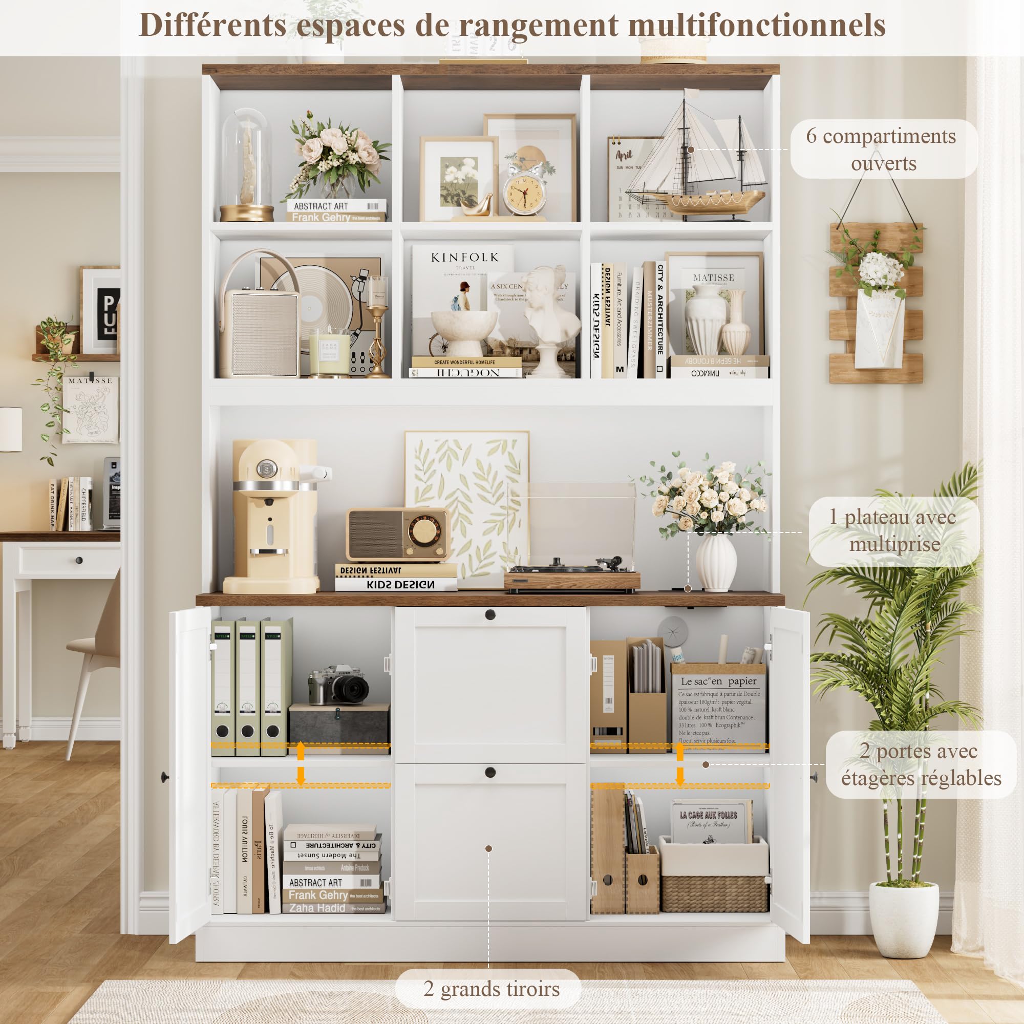 FirFurd Bibliotheque Meuble de Rangement avec Prise/USB, 2 Portes 2 Tiroirs pour Dossiers Suspendus, Armoire Bureau Bibliothèque Livre pour Salon Cuisine 116x40x182cm Blanc