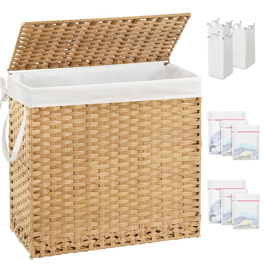 Laundry Hamper with Lid Laundry Basket 132 L (35 Gal) Wicker Clothes Hamper, Handwoven Rattan Hamper with Handles and 4 Removable Liner Bags, 6 Mesh Bags for Laundry Bedroom Natural