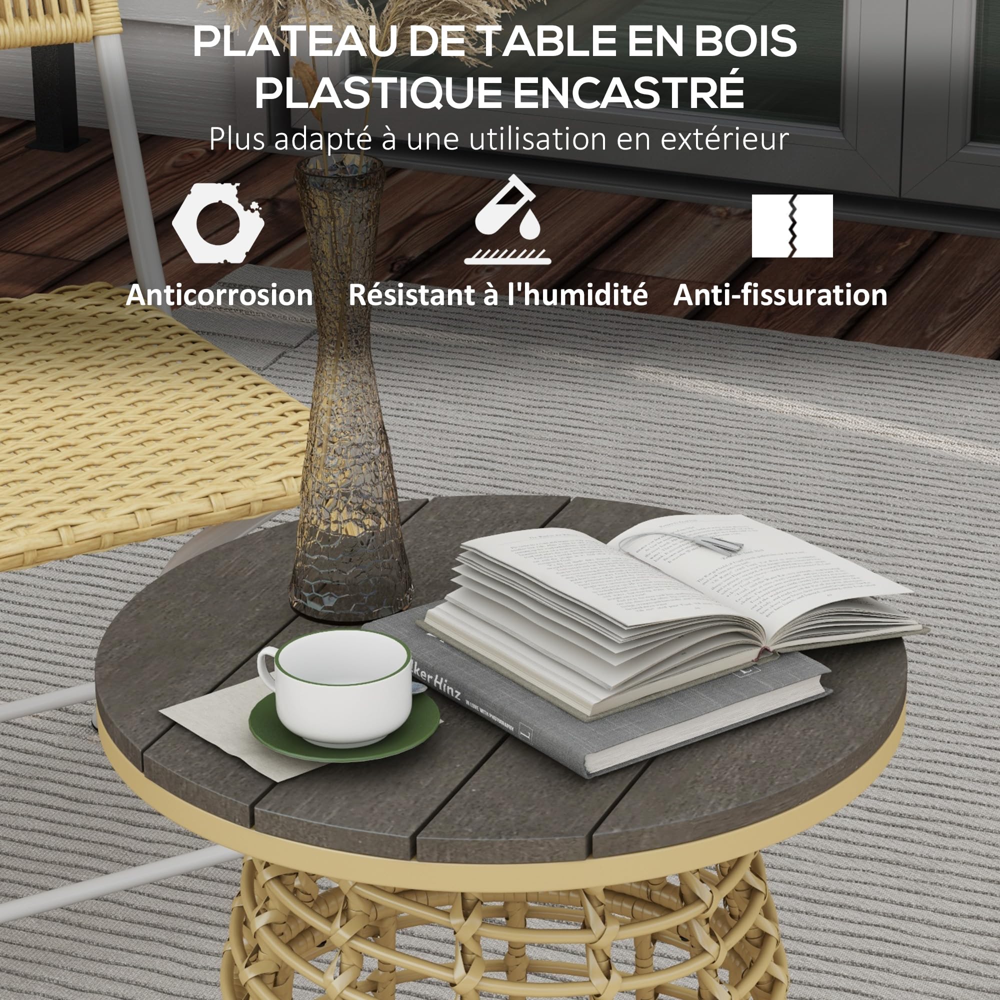 Outsunny Table Basse de Jardin Ronde Résine Rotin Métal Plateau Composite Ø 45 x 50 cm Naturel