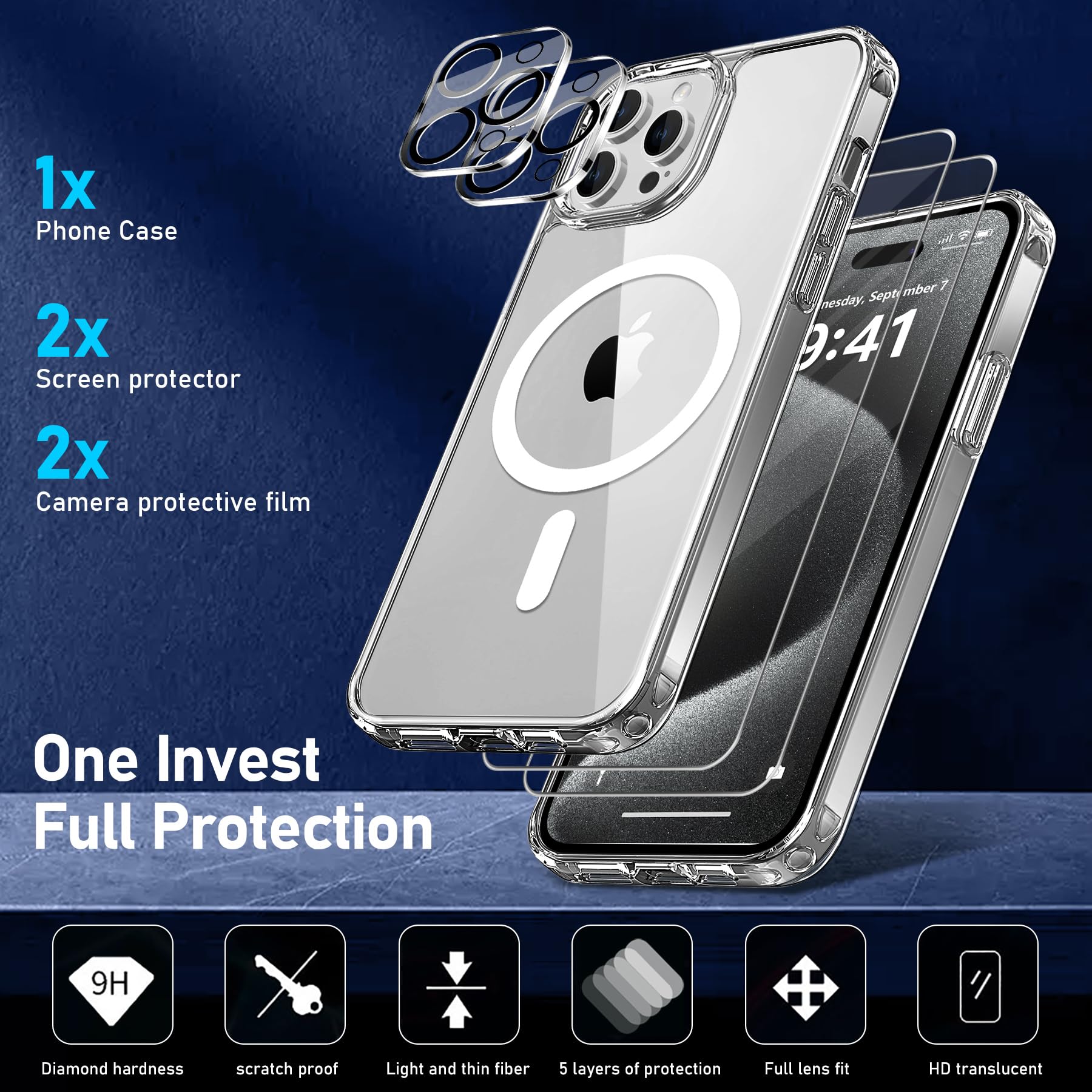 Coque IPhone 15 Magnétique YisrLery 5-en-1 Transparente | Compatible MagSafe | 2 Verres Trempés + 2 Protections Caméra