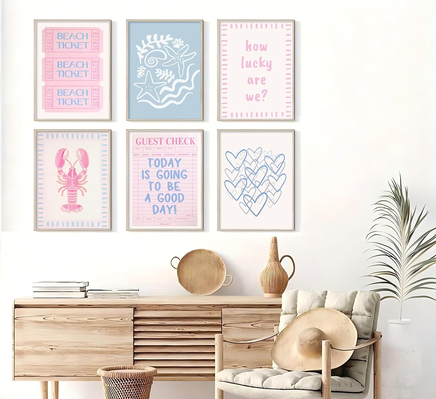 Pink Blue Beach Preppy Wall Art Coastal Granddaughter Aesthetic Summer Picture Wall Decor Trendy Beach Ticket Starfish Poster Lucky Heart Painting Print Artwork for Girly Room Dorm Apartment, Unframed