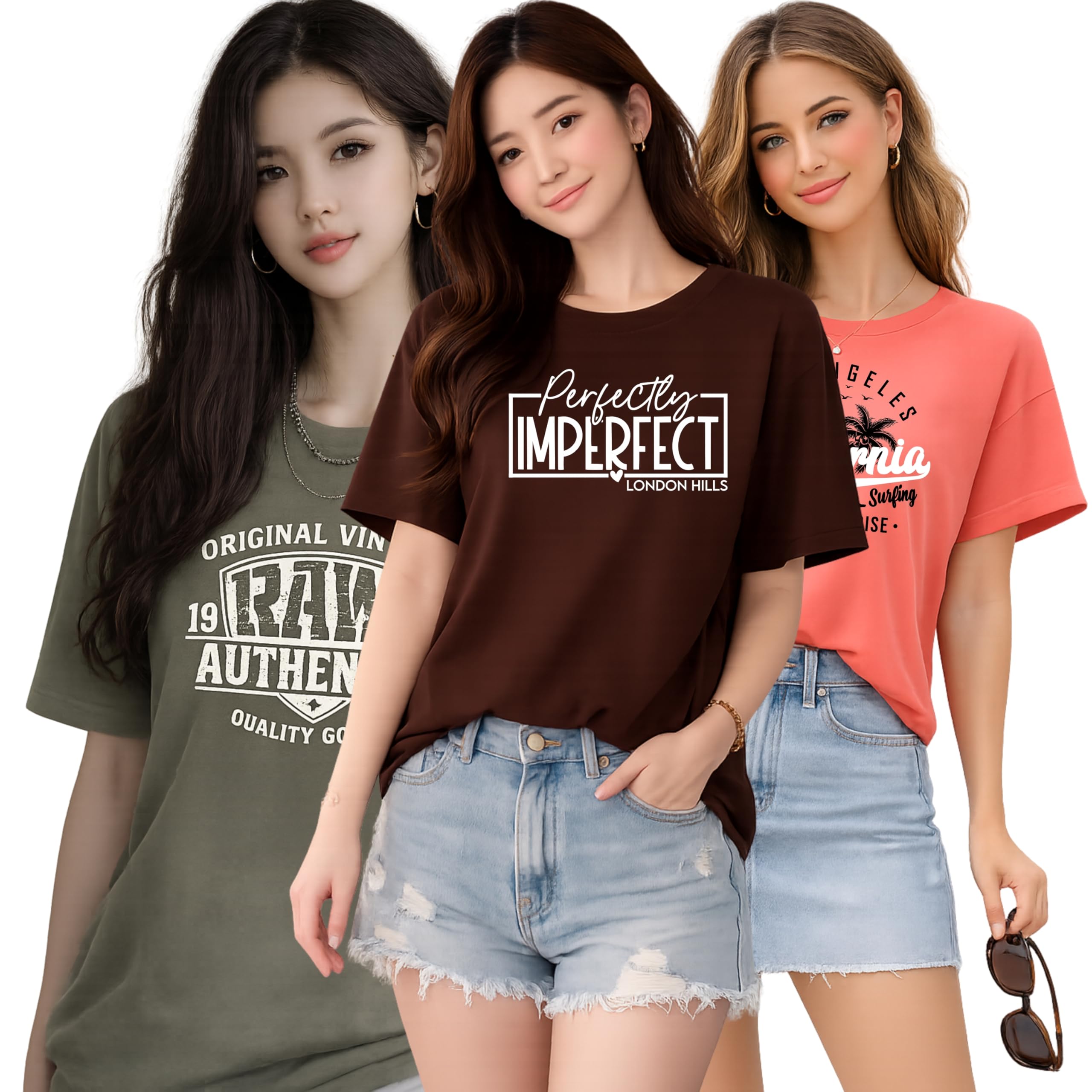 London Hills Women Cotton Printed T-Shirt Combo Pack of 3 | Loose Fit Half Sleeve Round Neck Graphic Tees for Girls & Ladies | Women’s Western Tops | Cute Trendy Print Summer Fashion T-Shirts