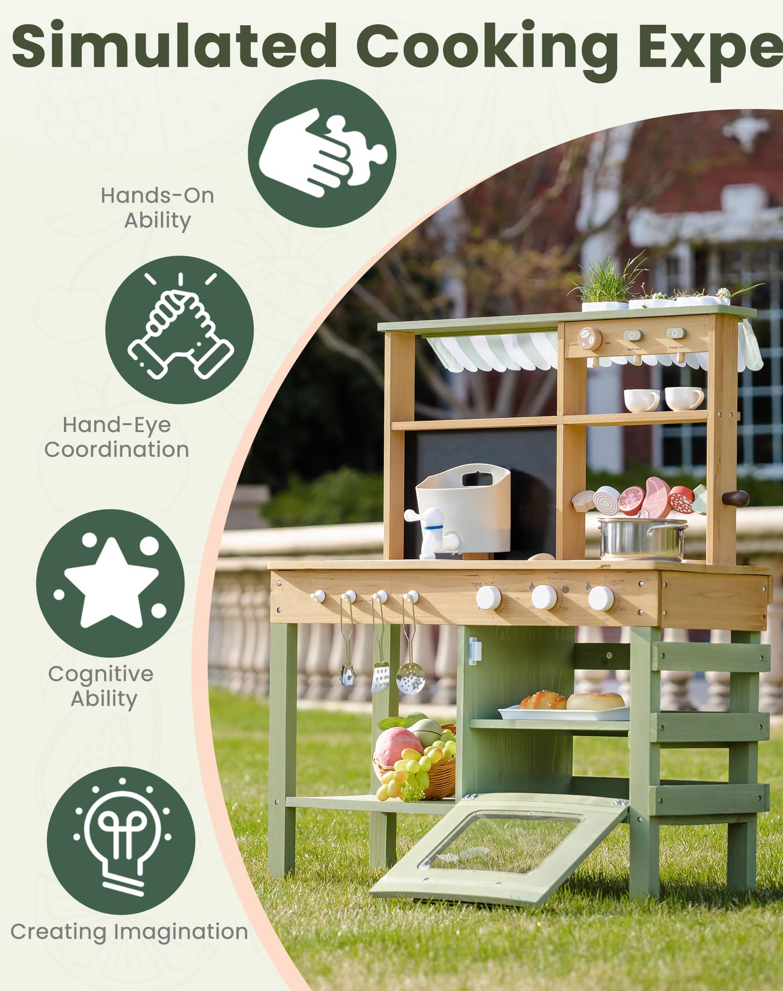 ROBOTIME Set da Cucina in Legno per Bambini, Cucina Esterna Deluxe con Rubinetto Funzionante, Lavagna, BBQ, Ampio Spazio di Stoccaggio, Lavandino da Giardino e Accessori da Cucina, Gioco di Ruolo per