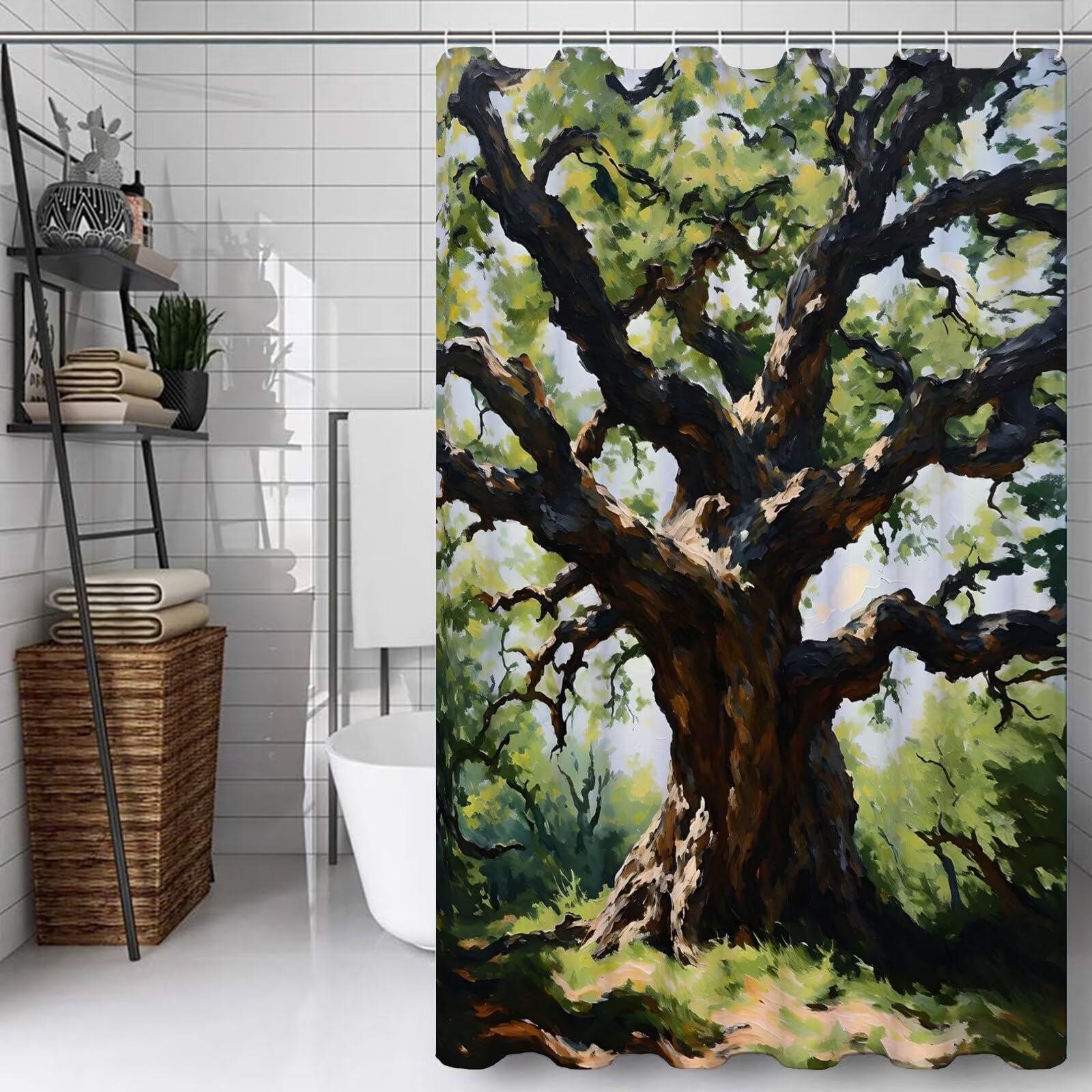 Rideau douche vert arbre pour cabine de salle de bain moderne et baignoire