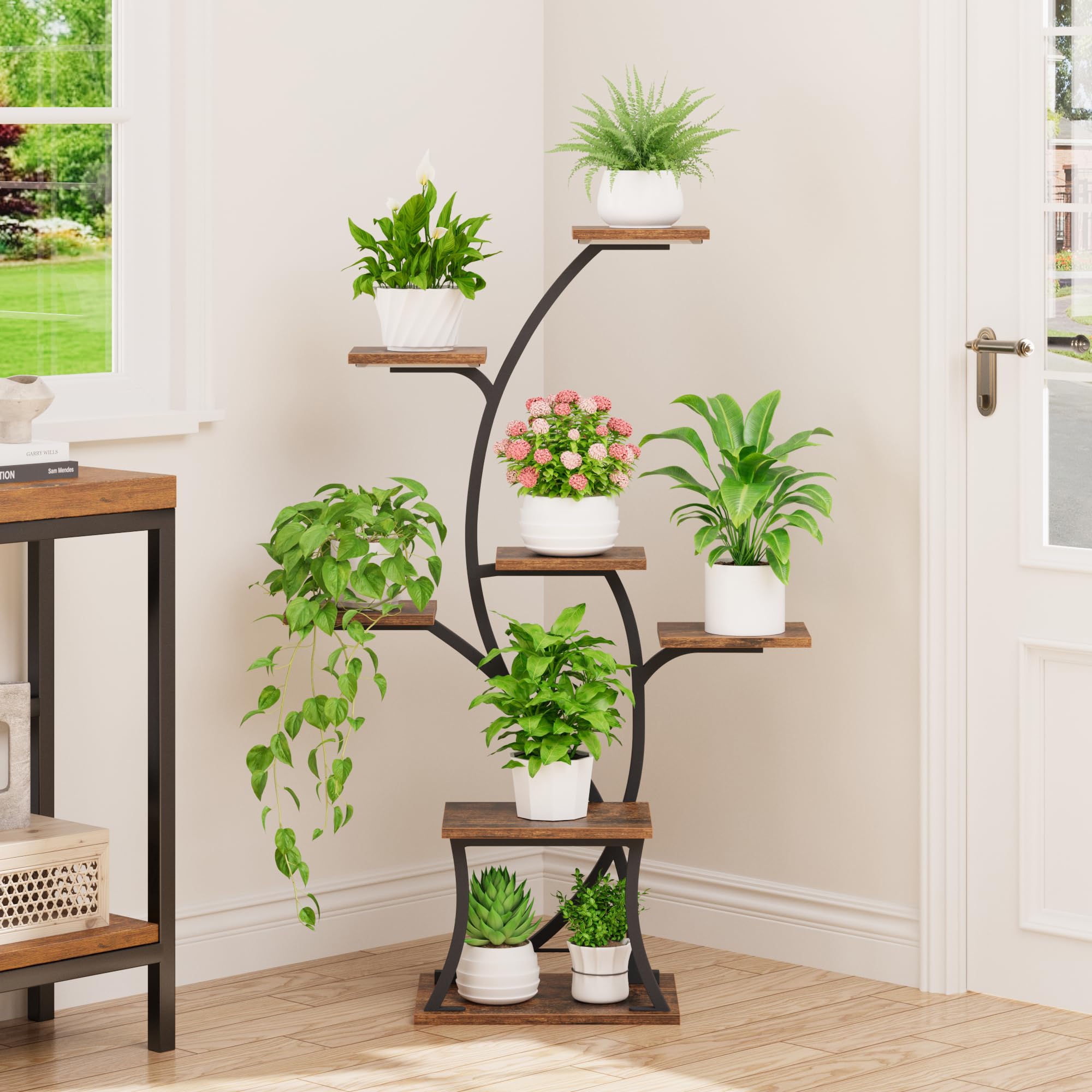 BACEKOLL Soporte para plantas de interior con luces de crecimiento, 7 niveles, soportes esquineros de 44 pulgadas, estantes de metal para plantas, estante curvado para plantas para sala de estar