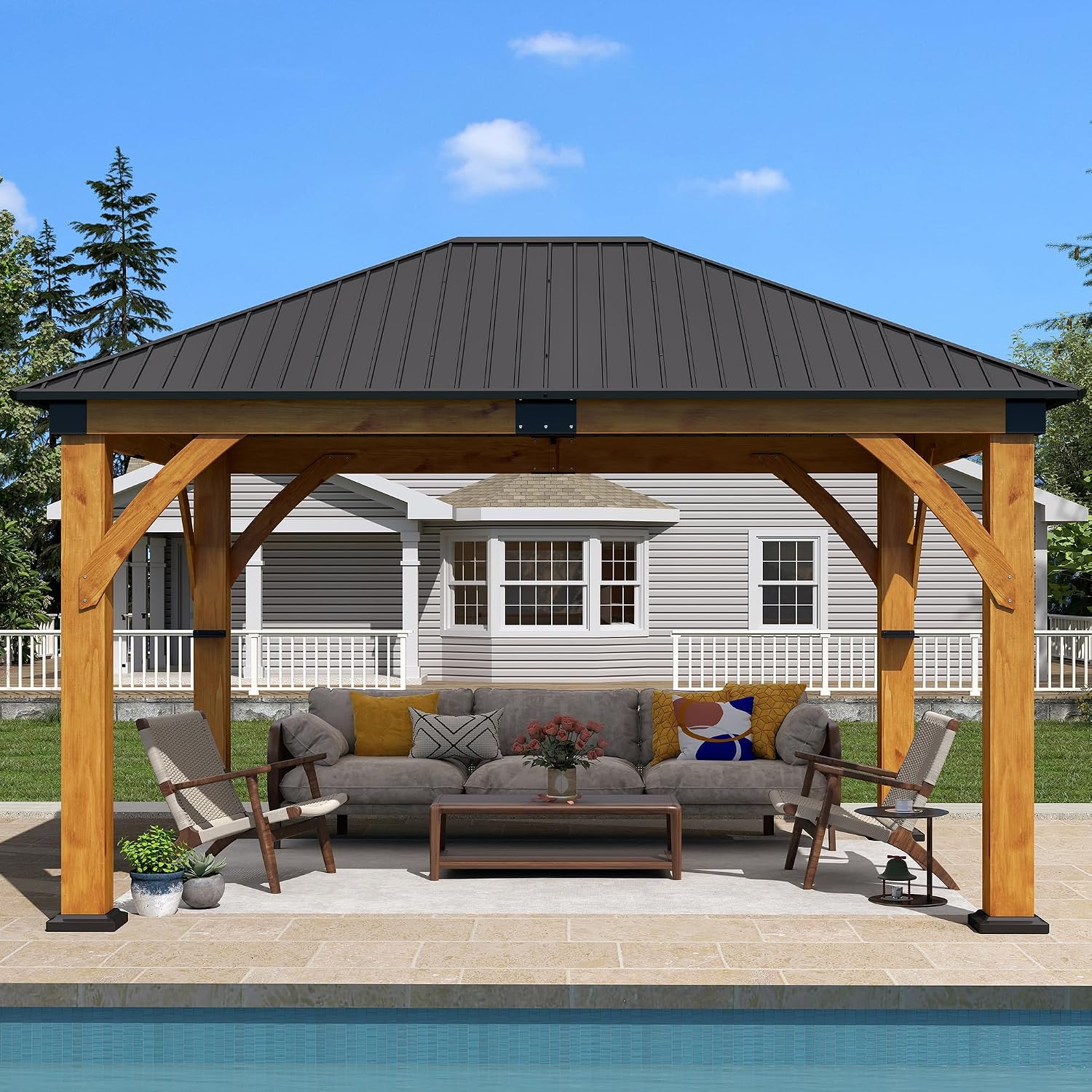 11' x 13' Wood Gazebo, Spruce Wooden Gazebo with Galvanized Steel Roof, Outdoor Wooden Hardtop Gazebos for Deck, Backyard