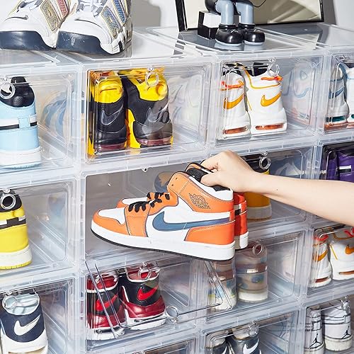 Miniatura 5 de Paquete de 6 cajas de almacenamiento de zapatos de plástico transparente apilable, caja de zapatos con puertas magnéticas frontales caídas,