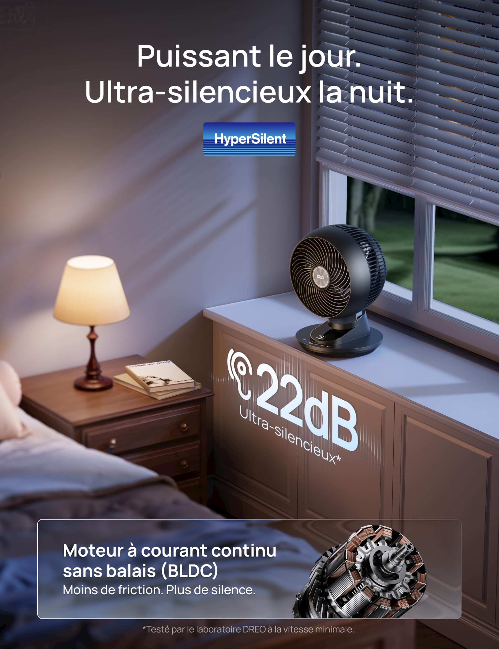 DREO ventilateur de table intelligent 3D pour chambre, flux d’air puissant 8,8 m/s, ultra silencieux 22 dB, oscillation 90°, contrôle app et vocal, 9 vitesses, minuterie 8/12 h pour maison et bureau.