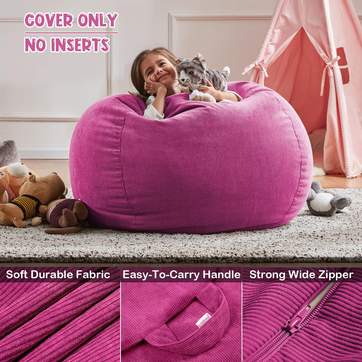 Funda para Silla de puf (sin Relleno) para niños y Adultos Almacenamiento de Animales de Peluche, Pana Suave de,300 L