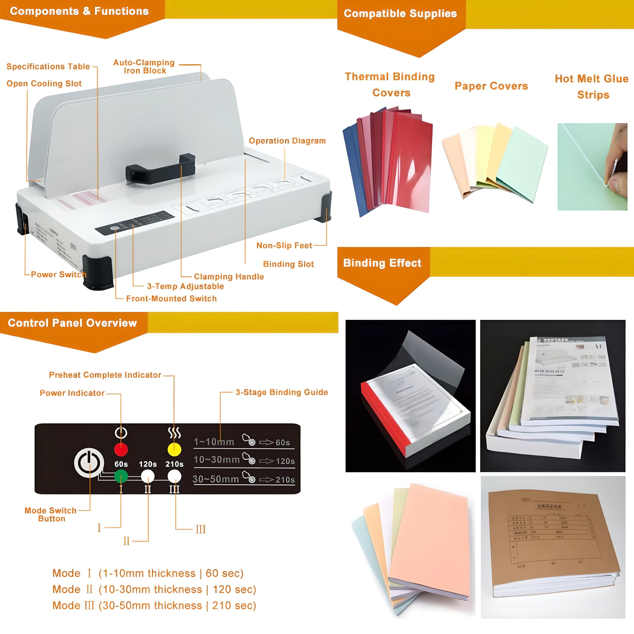 Raccoglitore termico per libri, capacità 500 fogli, spegnimento automatico, 3 livelli di tempo, non richiede montaggio, ideale per rilegatura documenti e opuscoli