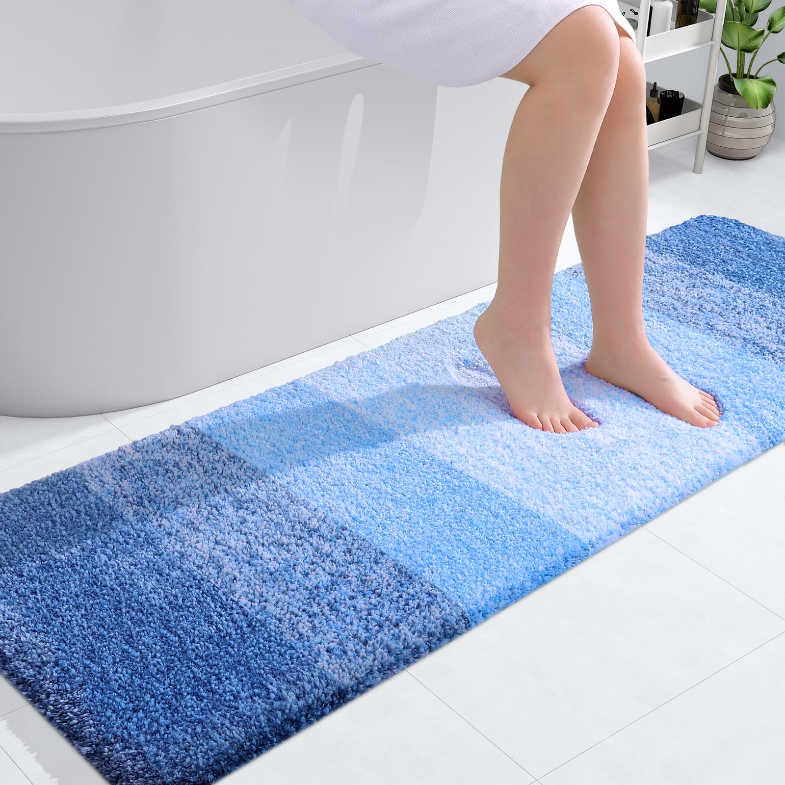 OLANLY Bathroom Runner Rug 59x20, Extra Soft Absorbent Microfiber Bath Rugs | Light Royal Blue, Non-Slip Quick-Drying Rubber Backing, Washable Long Bath Mat for Floor, Tub and Shower, Home Decor