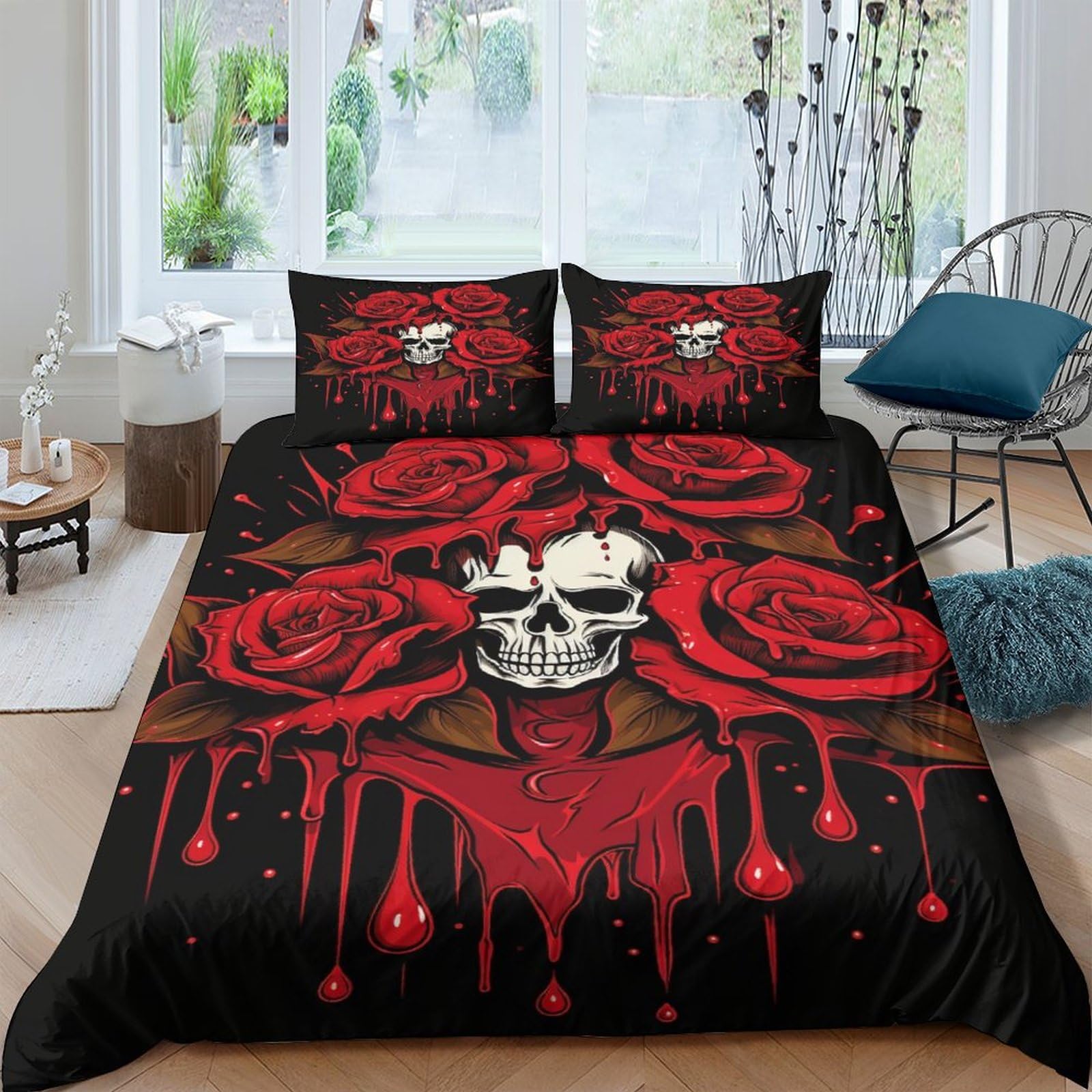 BARDYS Rose Skull Comforter Covers Duvet Cover Quilt Cover 3D Printed Gothic for Boys Girls with Pillow Cases Soft Microfiber with Zipper Closure Bedding Set 3 Pieces Double（200x200cm）