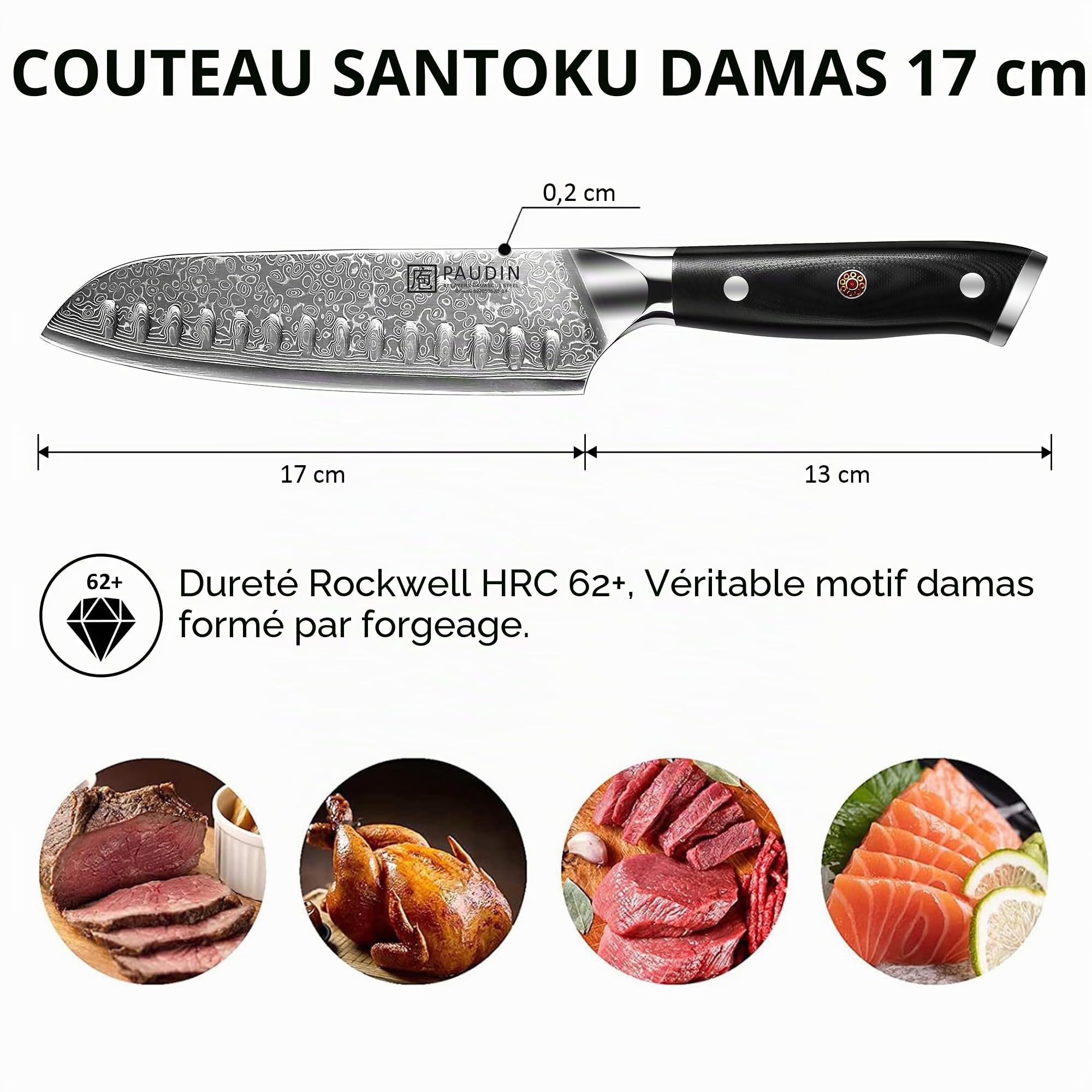 PAUDIN Couteau Santoku Damas 17 cm, ultra tranchant 67 couches en acier Damas VG10, couteau de cuisine professionnel avec manche ergonomique G10