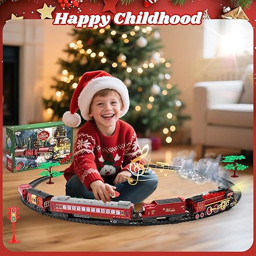 Miniatura 5 de Juego de tren de Navidad para alrededor debajo del árbol, tren eléctrico para árbol de Navidad con control remoto, sonido, humo y luz, locomotora de