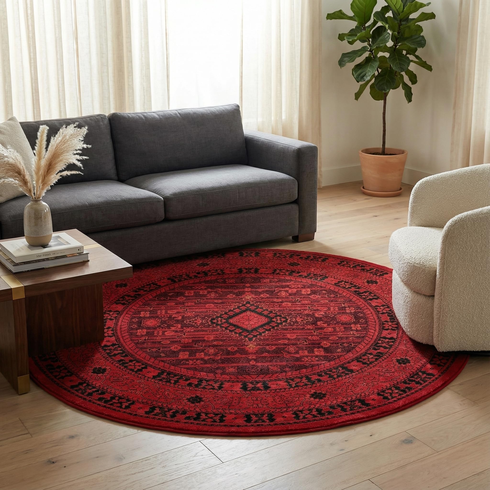 Unique Loom Tekke Collection Area Rug - Sheibani (5' Round, Red/ Black)