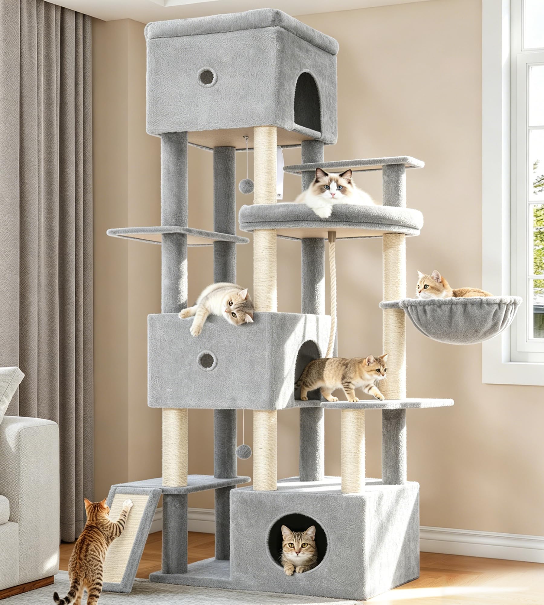 Fobyfurny Tall Cat Tree, XXL Multi-Level Cat Tower, 200cm, Light Grey