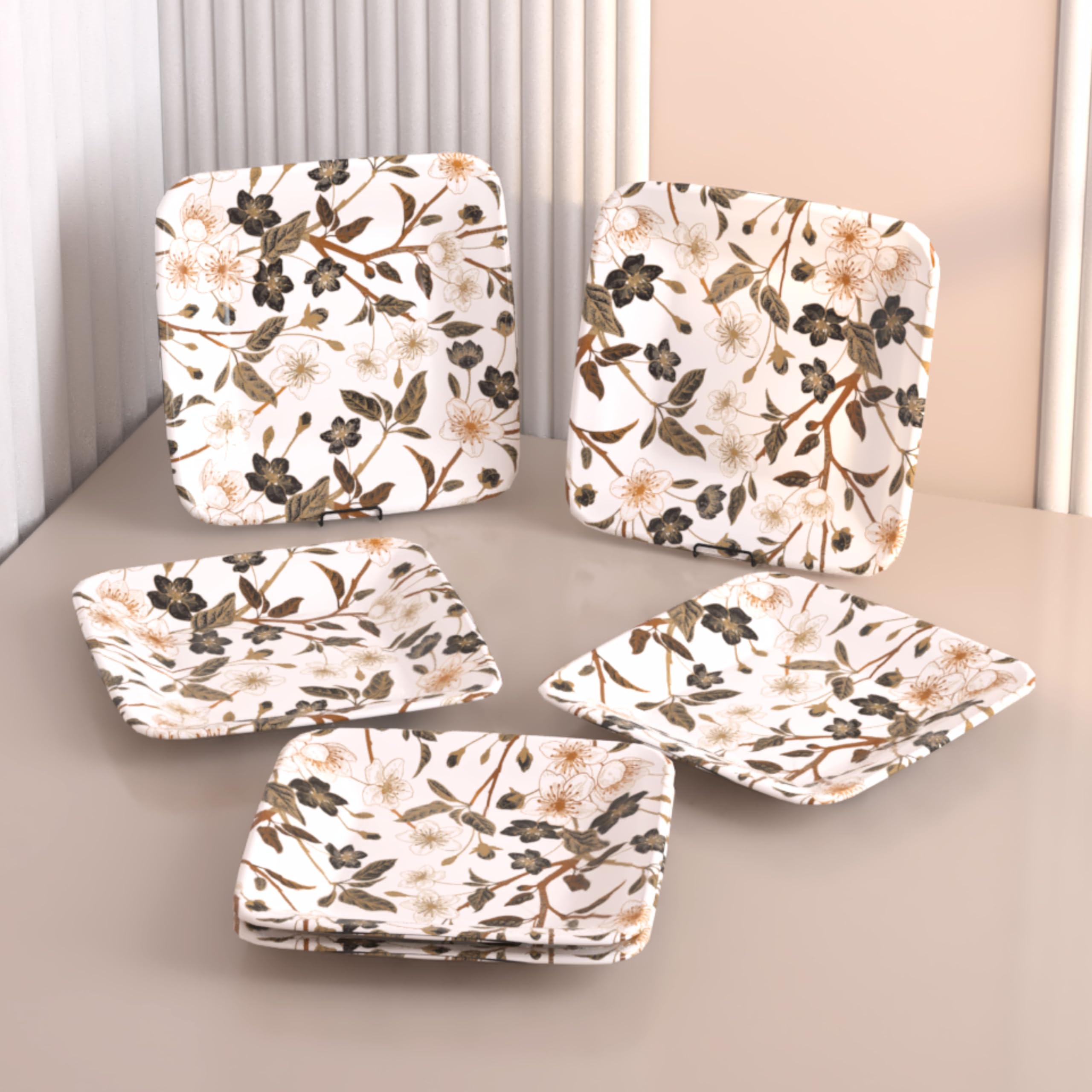 Castleite Bliss Melamine Quarter Plates Set Of 6-Size 7', Non Breakable, Square Designer Plate For Serving Snacks, Breakfast, LunchOrDinner At Home, Kitchen,OrCafé, Stainless (Wavy Daze), Multicolor