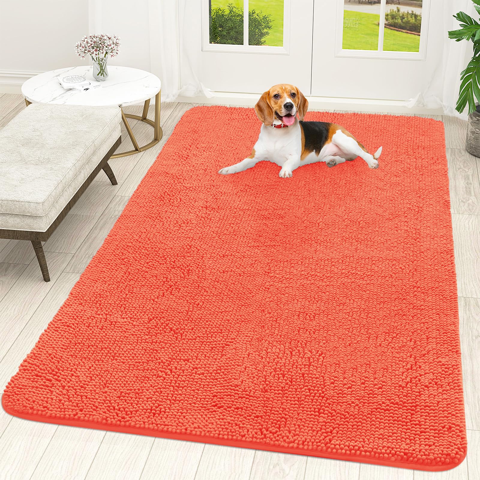 OLANLY Dog Door Mat for Muddy Paws 70x46, Absorbs Moisture and Dirt, Absorbent Non-Slip Washable Doormat, Quick Dry Chenille Mud Mat for Dogs, Entry Indoor Entryway Carpet for Inside Floor, Coral โ image 1