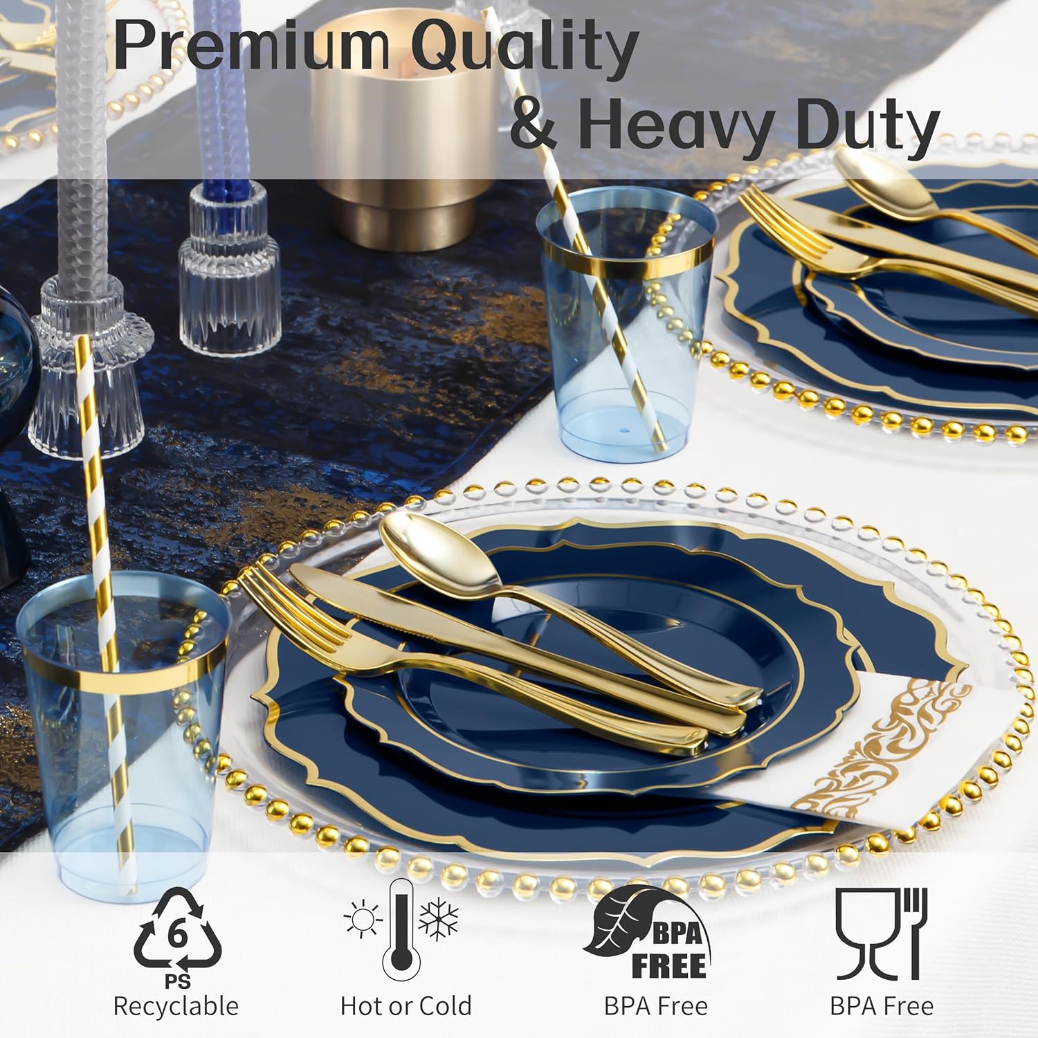 200 PCS Premium Blue Plastic Plates for 25 Guests, Heavy Duty Blue and Gold Disposable Plate, include 25 Plastic Dinner/Dessert Plates, 75 Silverware Set, 25 Cups, Straws for Party Christmas - Image 4