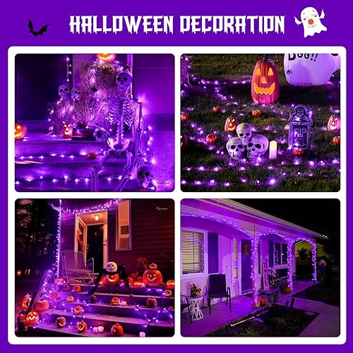Miniatura 3 de JMEXSUSS 600 luces LED solares moradas de Halloween, 206.7 pies, luces solares de Navidad impermeables para exteriores, 8 modos de luces moradas