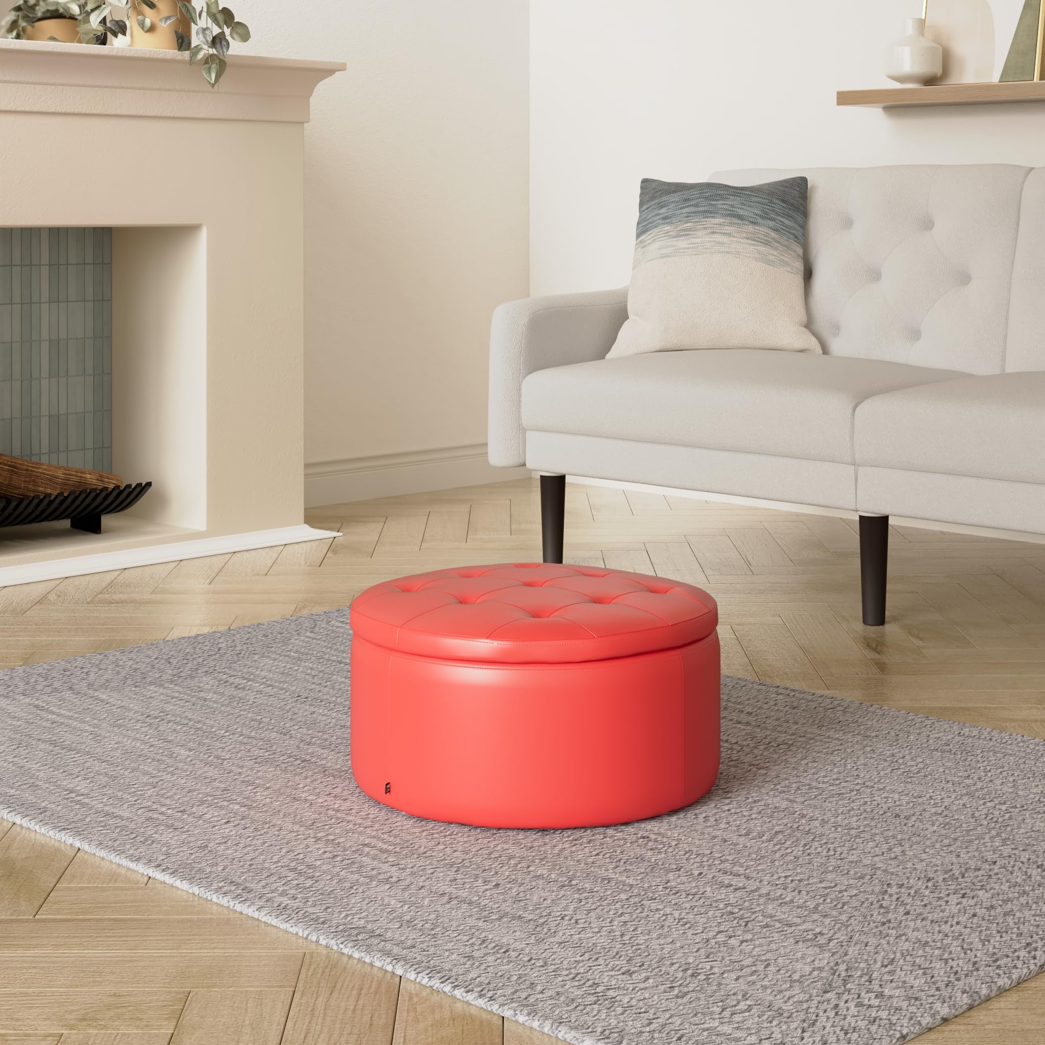 CLP Otomana Puff Evora Tapizada En Tela, Terciopelo o Simil Cuero I Taburete Reposapiés con Espacio De Almacenamiento Color:Rojo;Material:Cuero Sintetico
