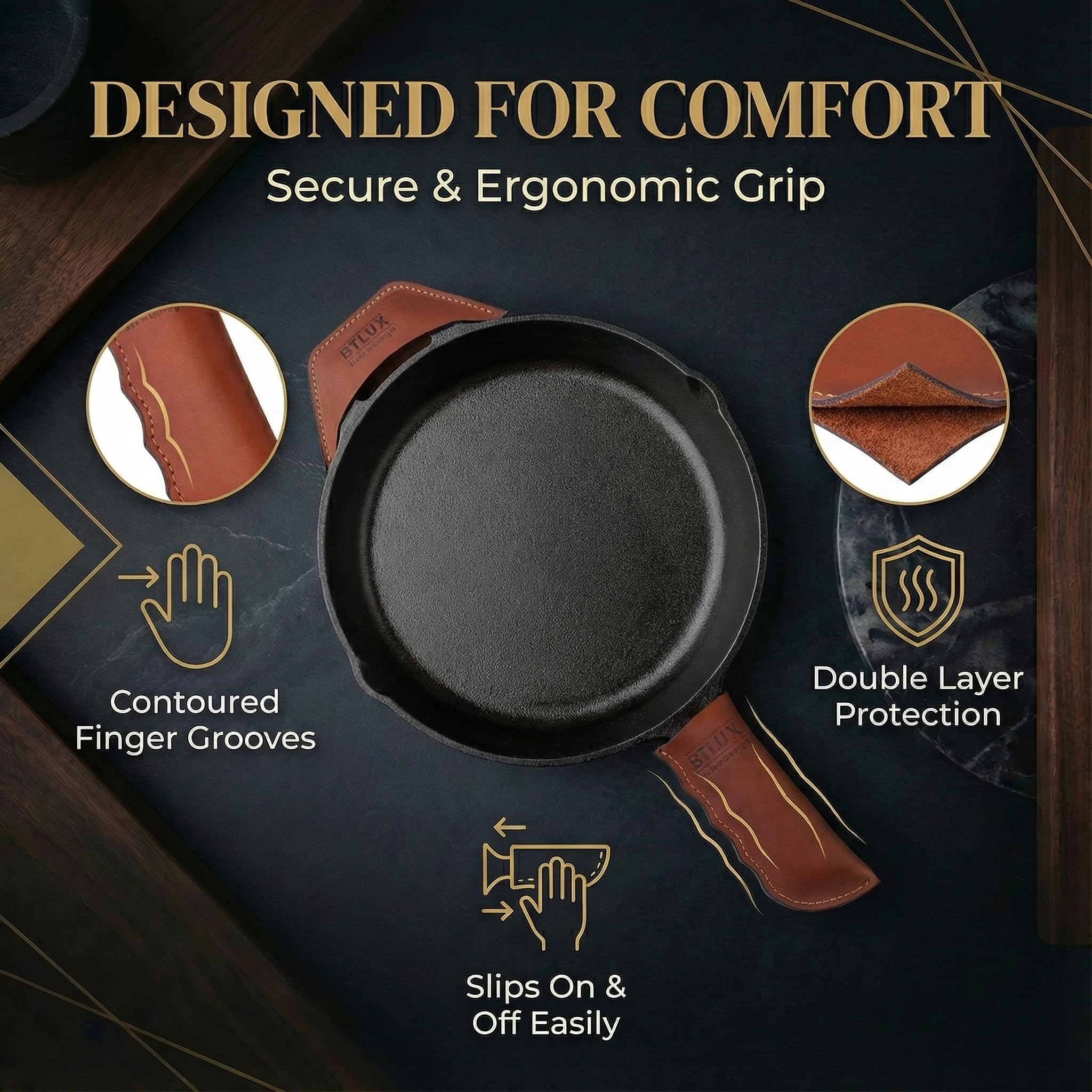 Nyota Juego de 2 Soportes de Cuero para Mango Caliente, Fundas de Mango de Cuero Grueso Hechas a Mano para sartenes y ollas de Hierro Fundido, Funda de Mango 100% Resistente al Calor, Color marrón