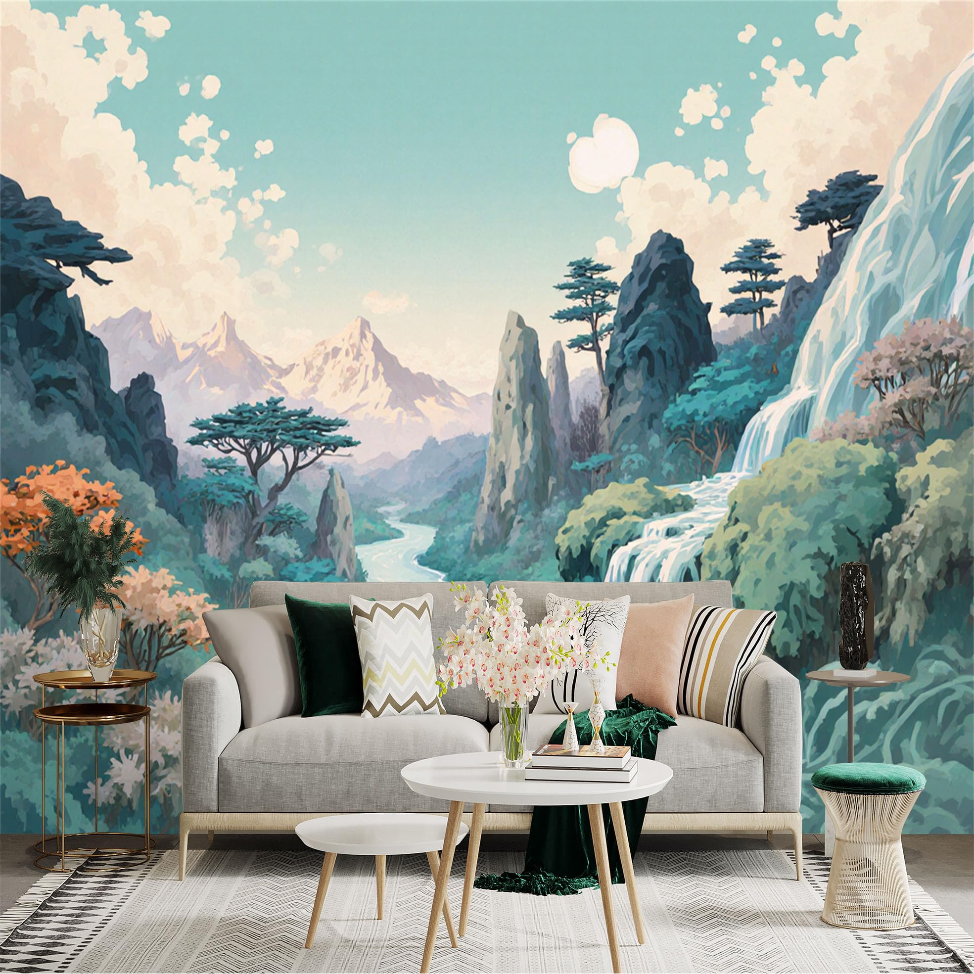 Custom Size Wall Sticker Mural， Mountain Landscape with River， Waterfall and Trees， for wall Decoration， peelandstick wall Decals.
