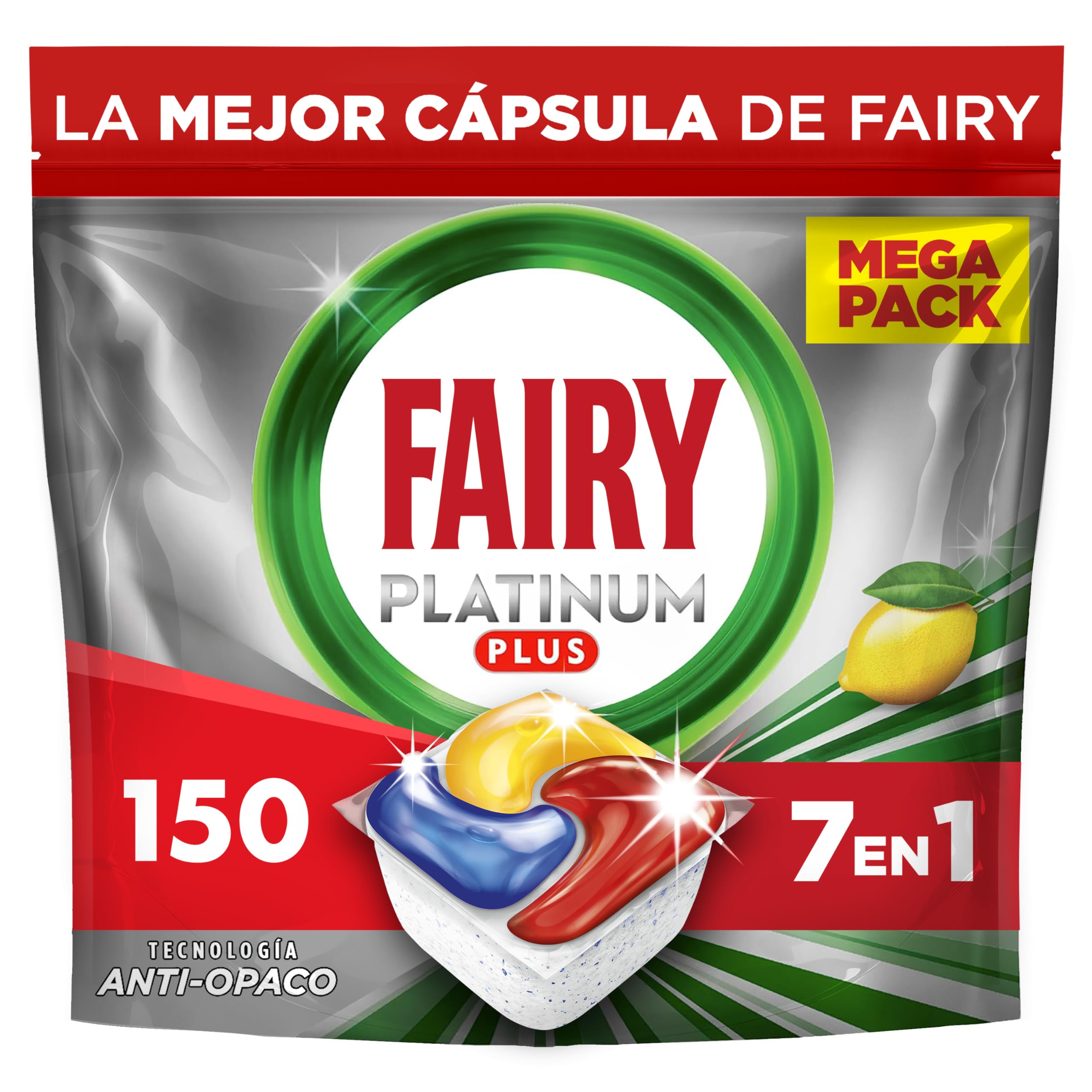 Fairy Platinum Plus Limón Cápsulas De Lavavajillas Todo En Uno, 150 Cápsulas, Nuestra Mejor Limpieza Que Deja Los Platos Como Nuevos, Elimina La Falta De Brillo Y Evita La Cal