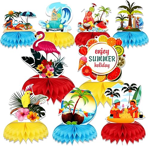 HOWAF 9 piezas de centros de mesa hawaianos Luau Honeycomb para decoración de fiesta temática de verano, centro de mesa Hawaii para cumpleaños,