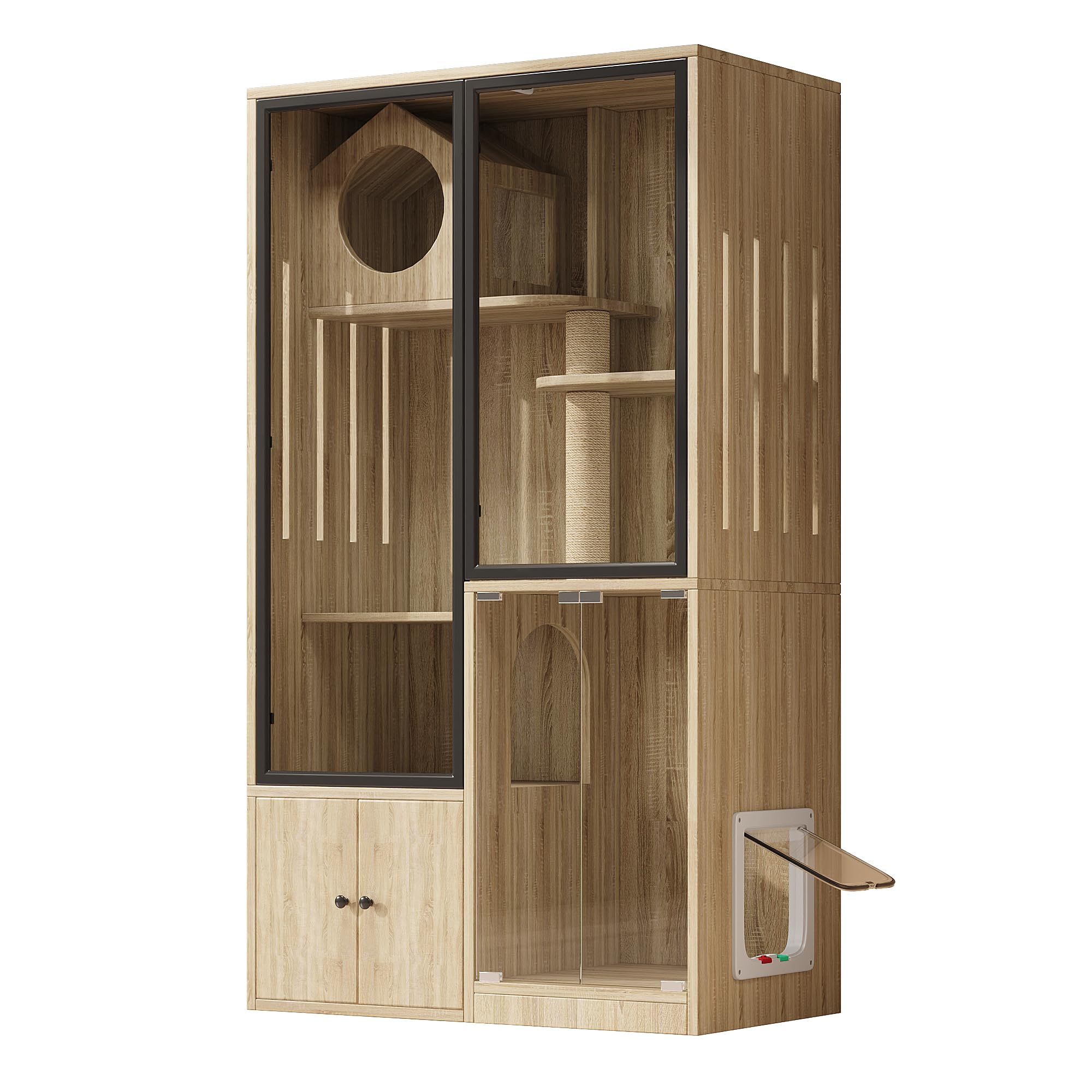Villa per gatti, per interni, gabbia per cincillà, gabbia per gatti, casetta da arrampicata, con piccola porta di ingresso e uscita (chiudibile), colore legno, 90 x 50 x 160 cm, senza lettiera per