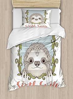 Ambesonne Sloth Duvet Cover Set, Exotic Animal in Floral Frame Sloth Smile Theme with Mammal Portrait, Decorative 2 Piece Bedding Set with 1 Pillow Sham, Twin Size, Olive Green