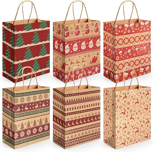 24 bolsas de regalo de Navidad a granel con asa, bolsas de papel kraft de Navidad, bolsas de regalos de Navidad para regalos de fiesta de Navidad,
