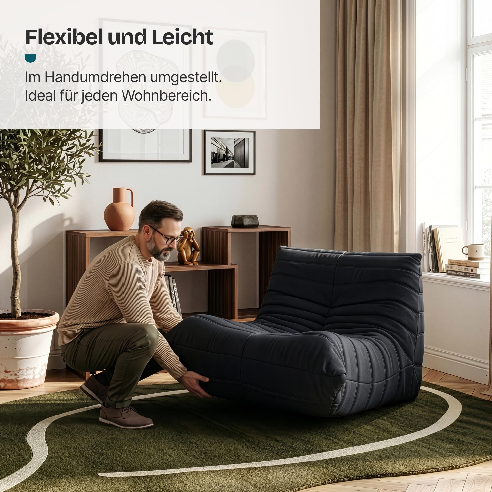 [en.casa] Bodensessel Kodsø Bodenstuhl mit Rückenlehne Lesesessel gepolstert Bodenkissen Sitzsack Sofa Mikrofaser Bodensofa 75 x 90 x 100 cm Relaxsessel Schwarz