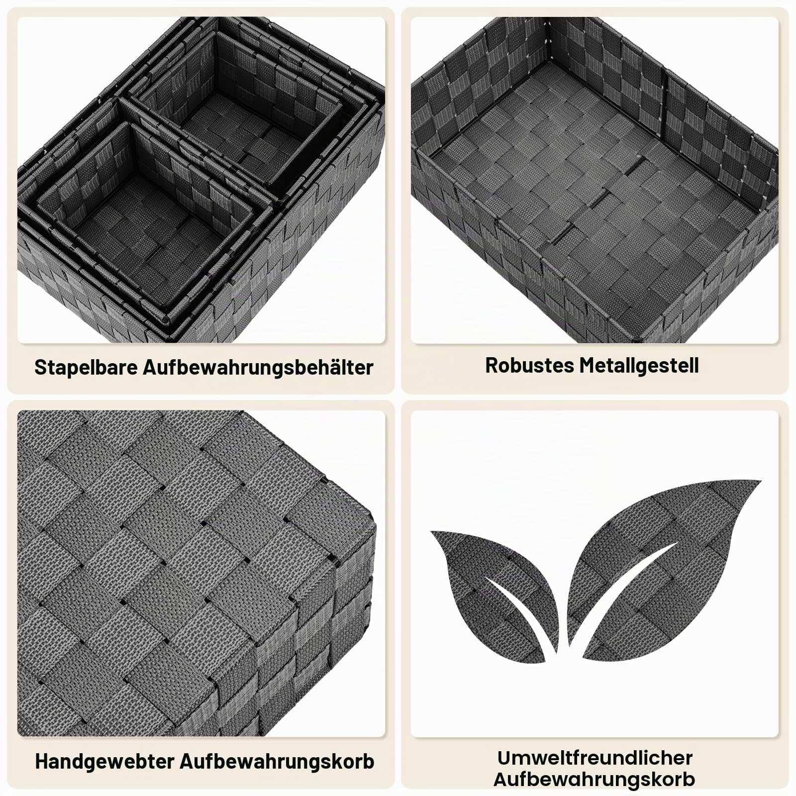 Uvellgift Aufbewahrungskorb 34,4cm, 6er-Set Stapelbare Mehrzweck-Korb Aufbewahrung, Körbe Aufbewahrung zum Aufbewahrung und Organisieren von Badzimmer/Küche/Zimmer/Handtücher (Schwarz)