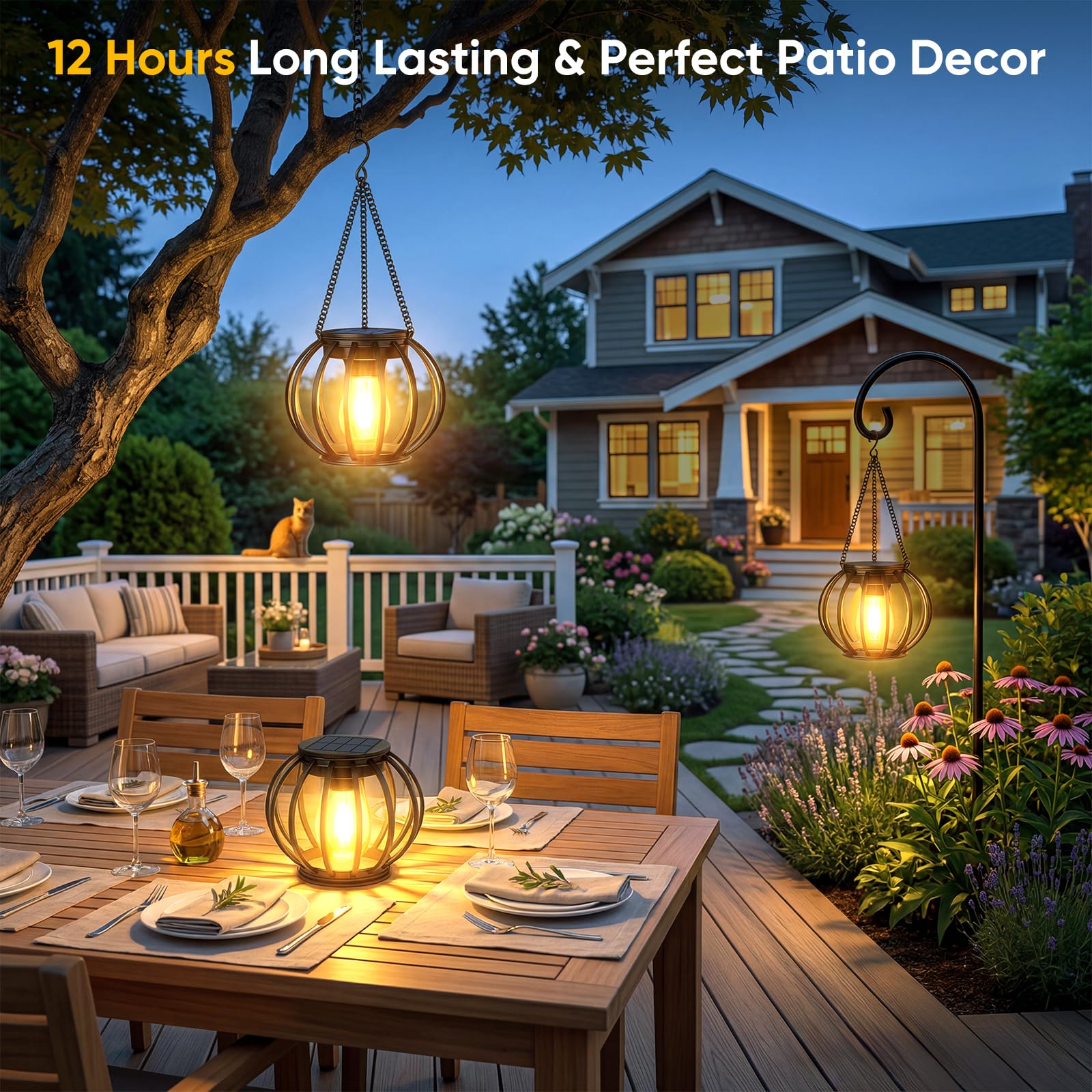 Lanterne solari impermeabili per esterni: confezione da 4 luci solari in metallo da appendere per esterni, lanterne da giardino a energia solare, luci decorative per albero, cortile, patio, tavolo,