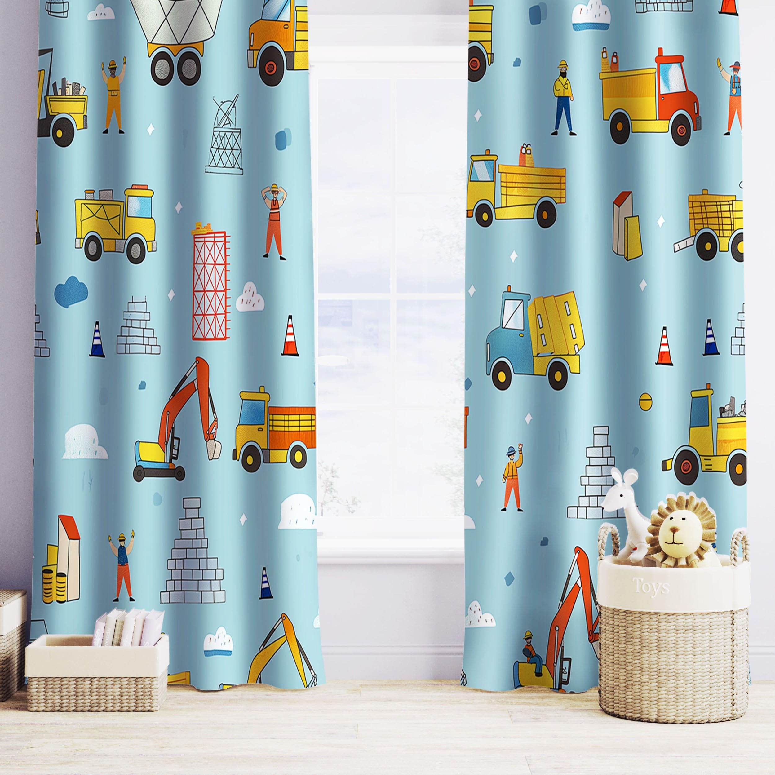 CozyRest Kinder Vorhänge Cartoon -Stil -LKW Ösen Gardinen mit Blickdichte Thermo Vorhang Kälteschutz Blackout Curtain Kinderzimmer Schlafzimmer Ösenvorhang Hellblau H 260 x B140cm x2
