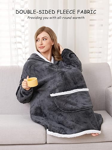 Miniatura 5 de Lushforest Manta de gran tamaño con capucha, súper cálida y acogedora manta de forro polar Sherpa con capucha, manta de franela gruesa con mangas