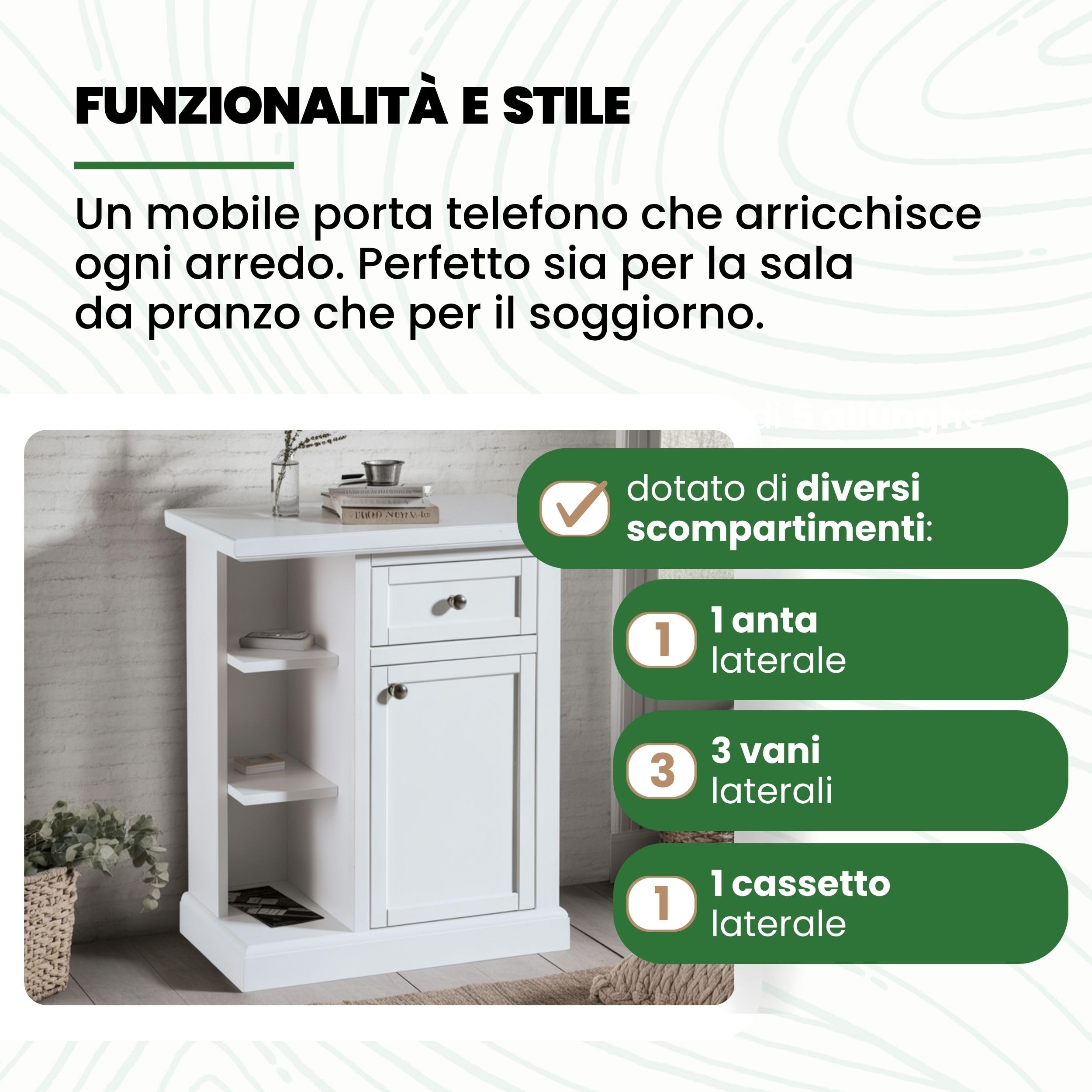Mar.c.a. Design - Mobiletto Porta Telefono in Legno 64x32x75 cm - Mobile Arte Povera Base Piatta con 1 Anta 1 Cassetto 3 Vani - Made in Italy