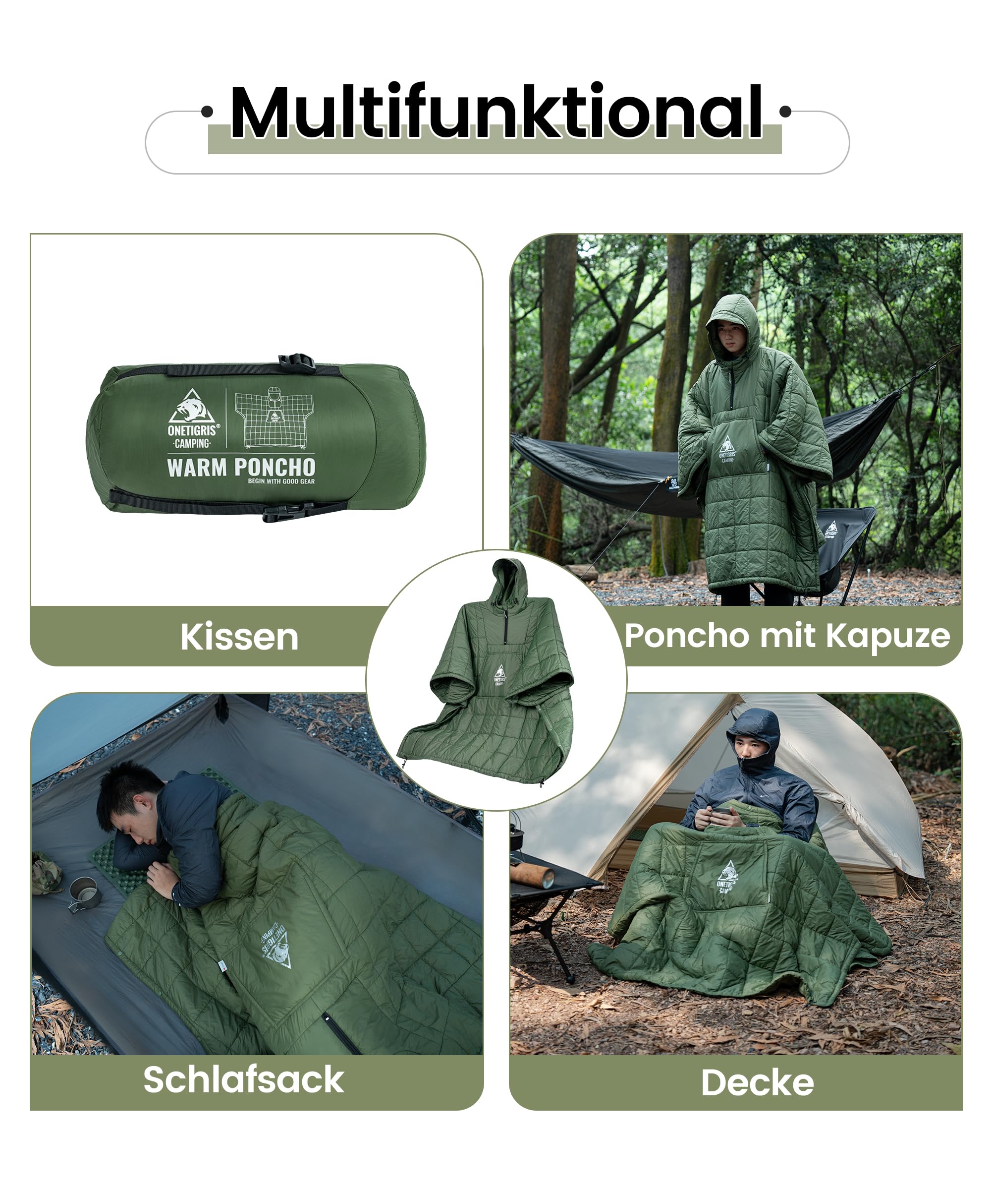 OneTigris - Poncho de camping con aislamiento Thinsulate 3M, manta impermeable cálida con bolsillos grandes, manta portátil con capucha para exteriores, senderismo, viajes, color verde