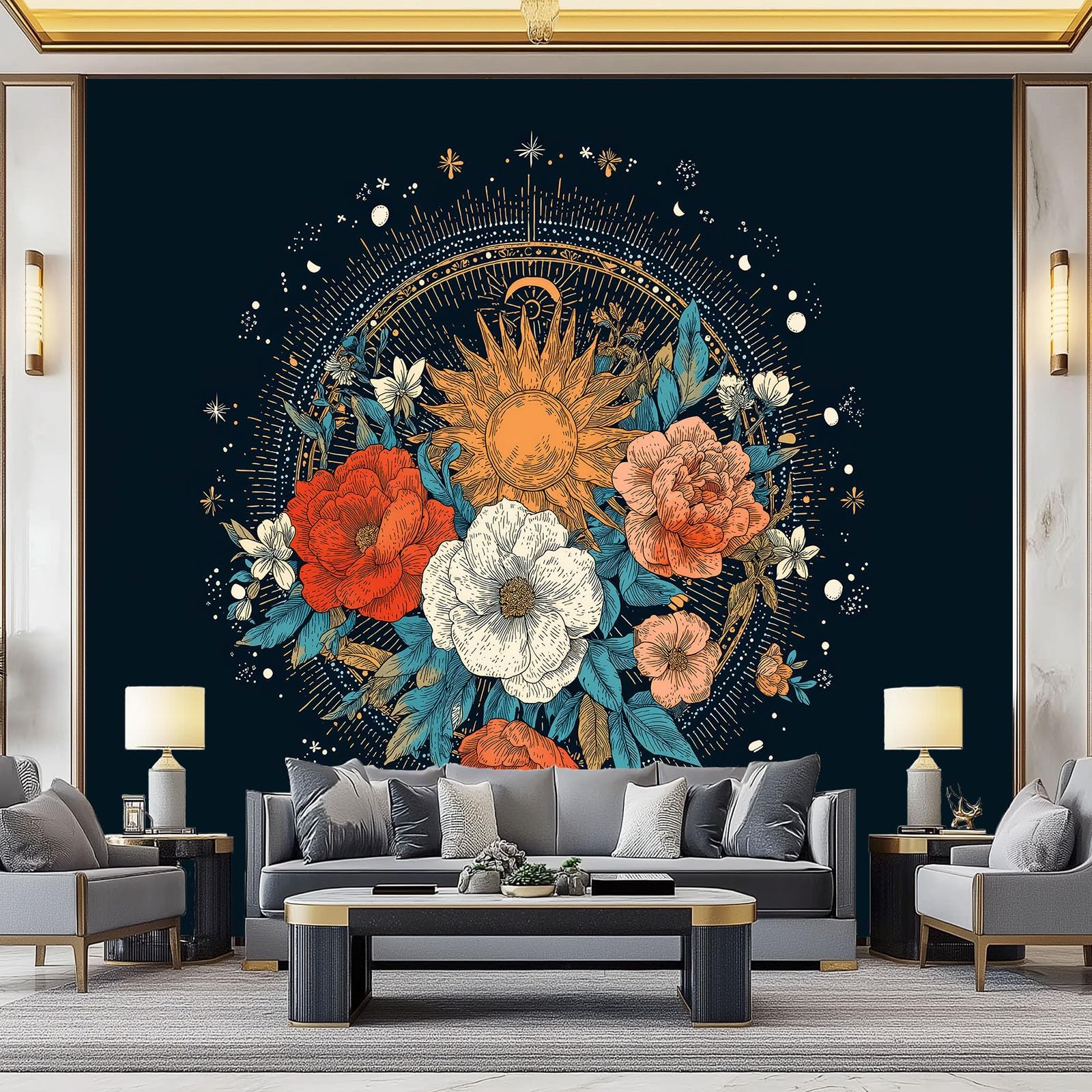 WTD - Carta da parati fotografica 400 x 280 cm (larghezza x altezza) corpo celeste arte sole fiori stelle effetto 3D di alta qualità XXL moderna decorazione da parete in tessuto non tessuto, per