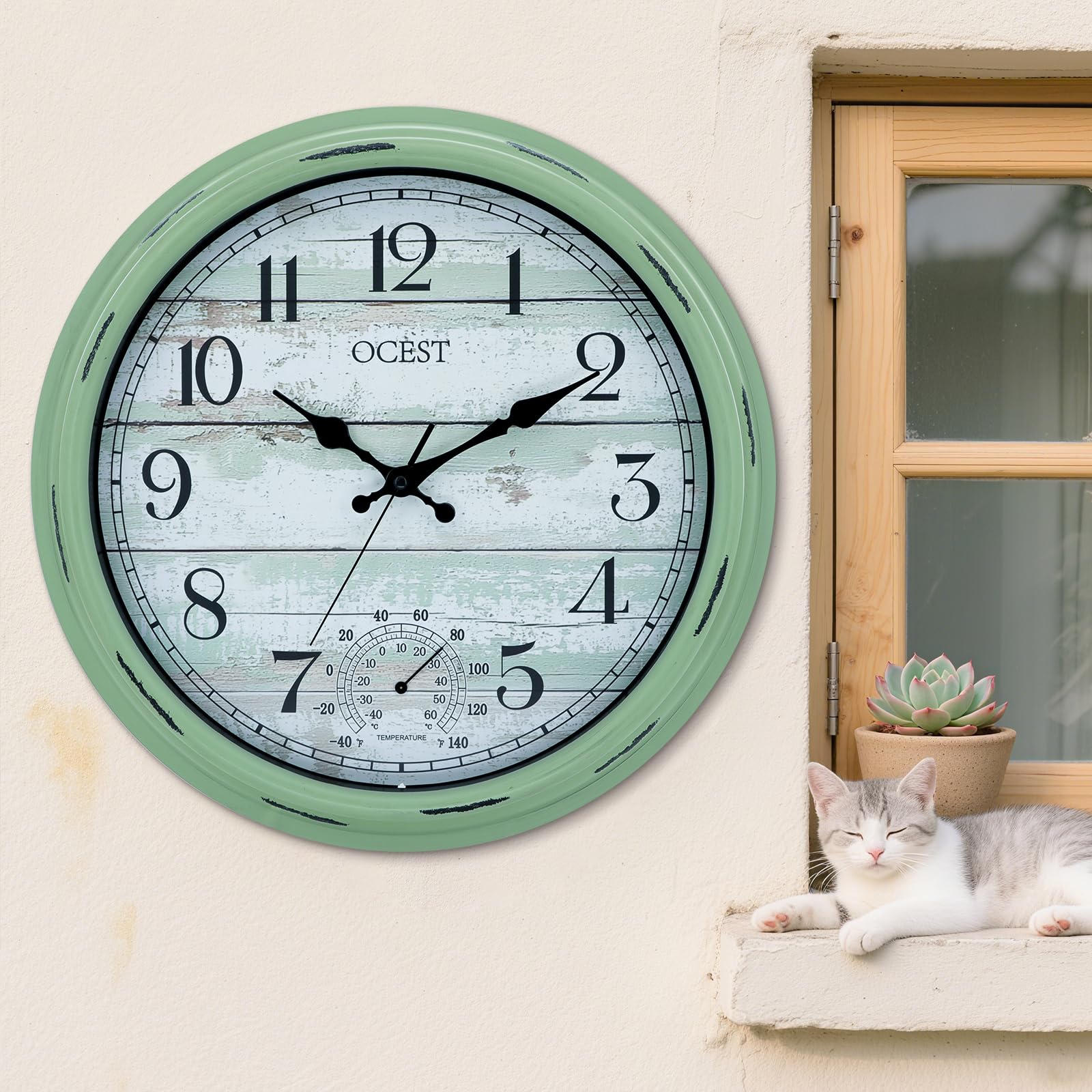 OCEST Grande horloge murale étanche pour intérieur et extérieur de 40,6 cm avec thermomètre, silencieuse, sans tic-tac, fonctionne à piles, décoration pour terrasse, piscine, porche, jardin, garage