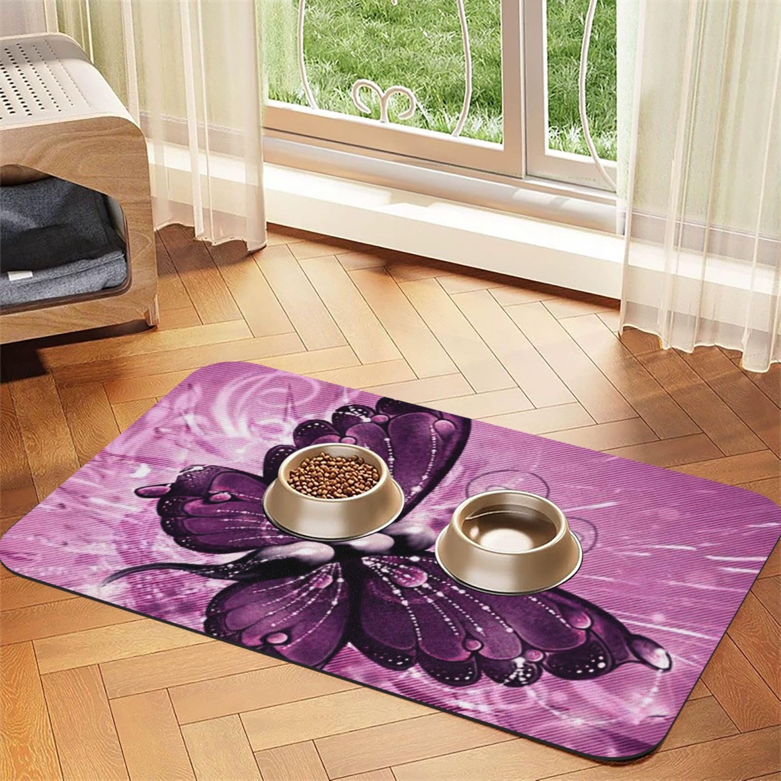 Tapis absorbant antidérapant Butterfly1 en cuir PU pour gamelles animaux