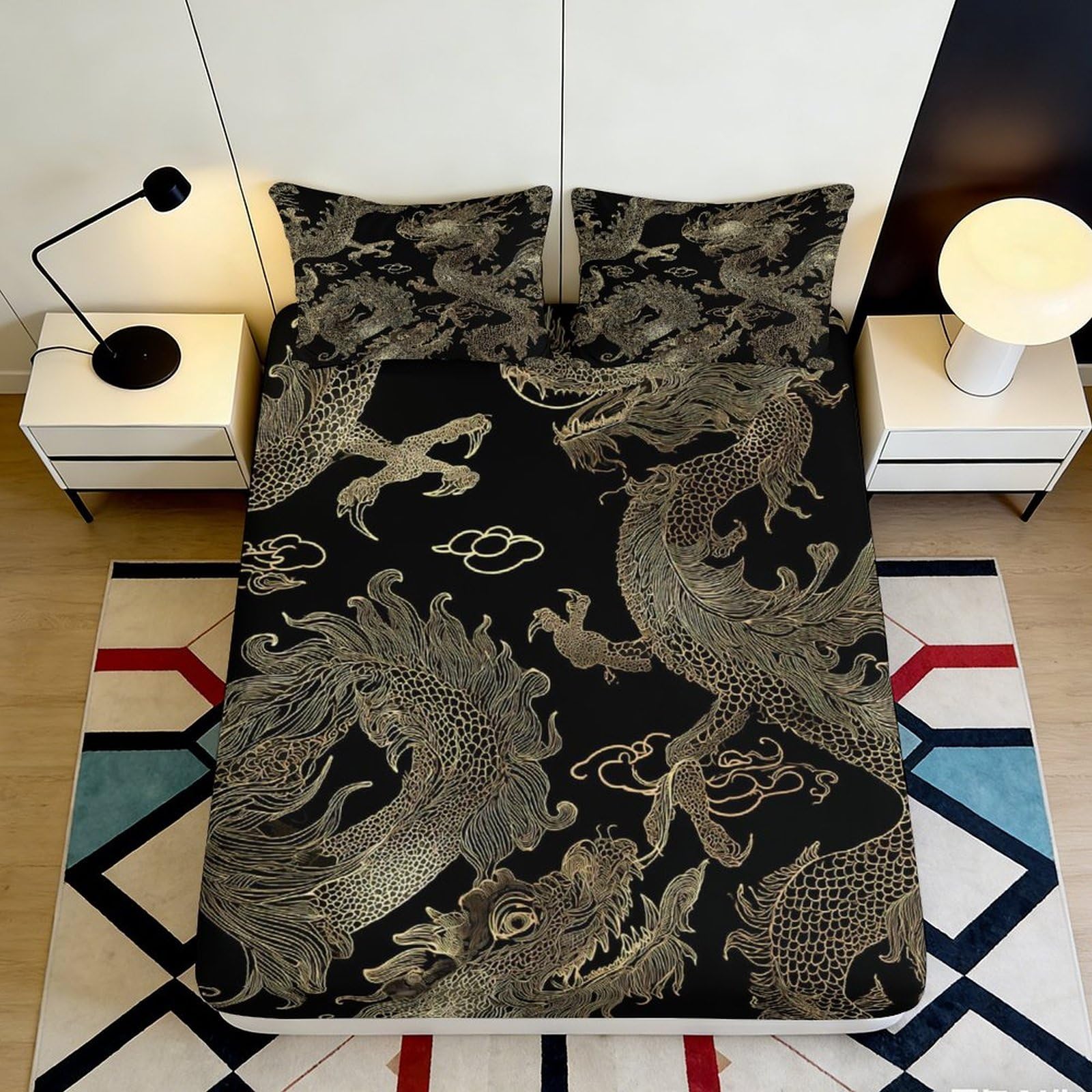 Pnayamiorkfel Style-4 3D Printed Golden Dragon Fitted Sheet Microfiber Black Chinese Cloud Bed Cover For Bedroom Guest Room Decor 90X200x25cm